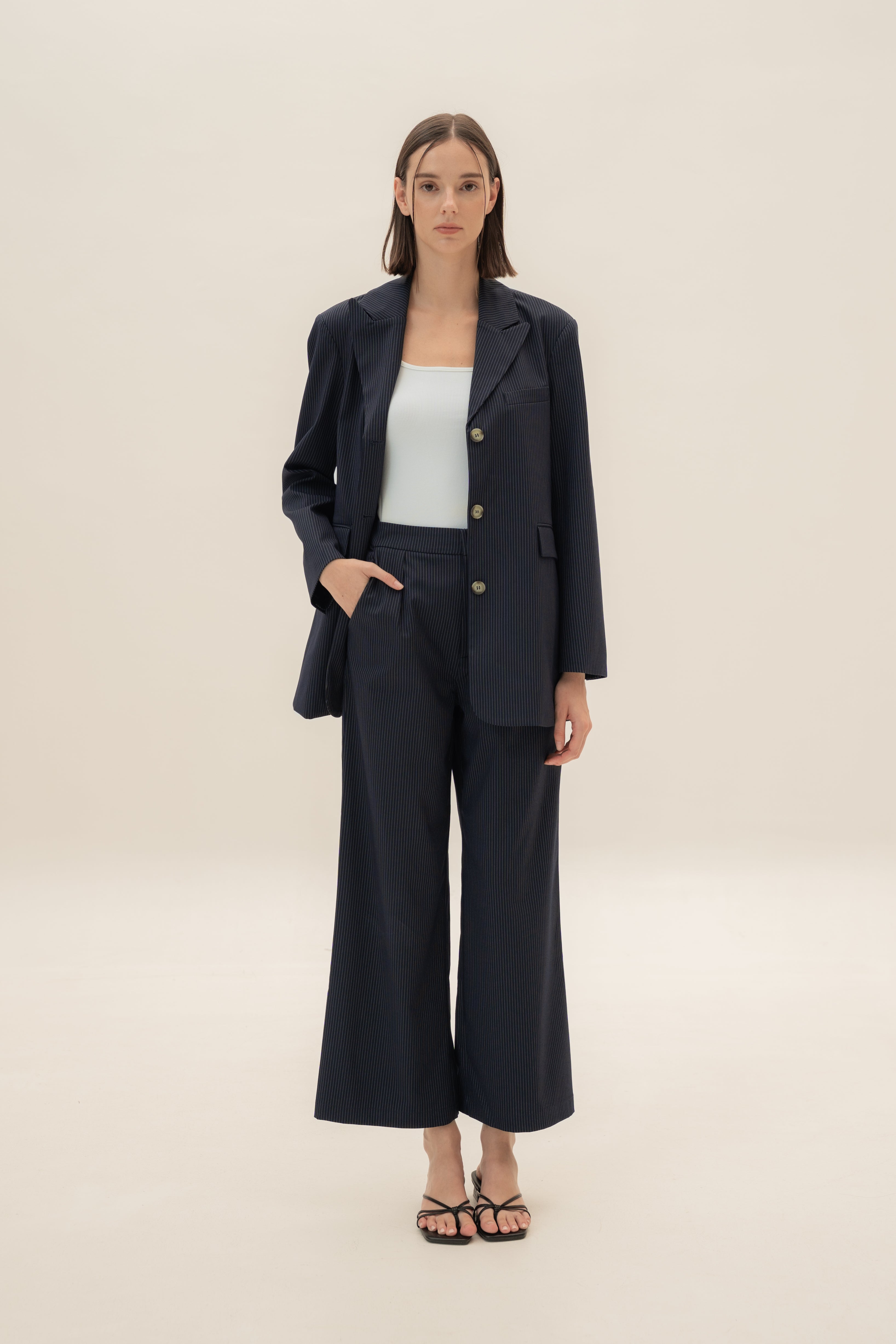 Blazer Dress in Pinstripe Navy