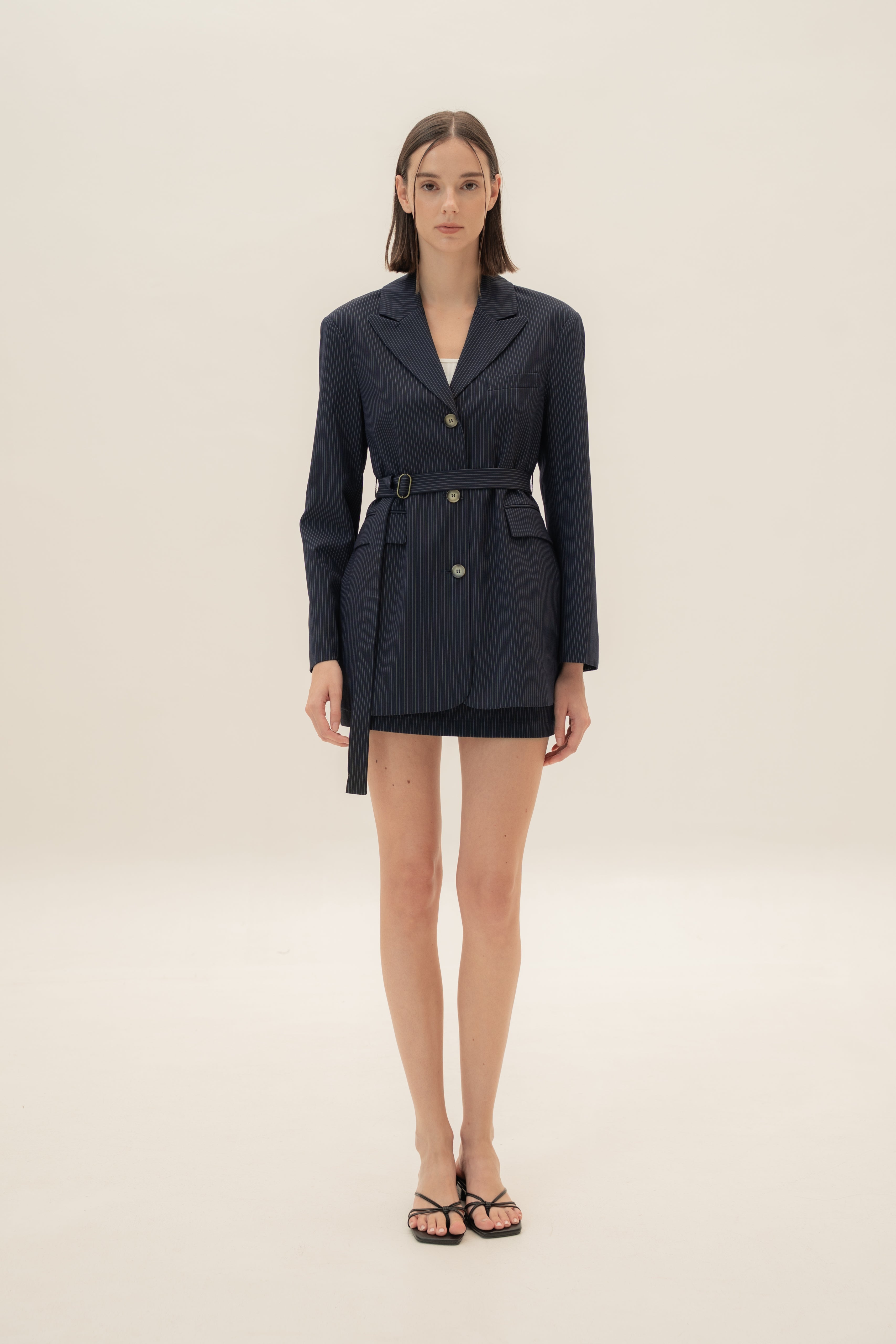 Blazer Dress in Pinstripe Navy