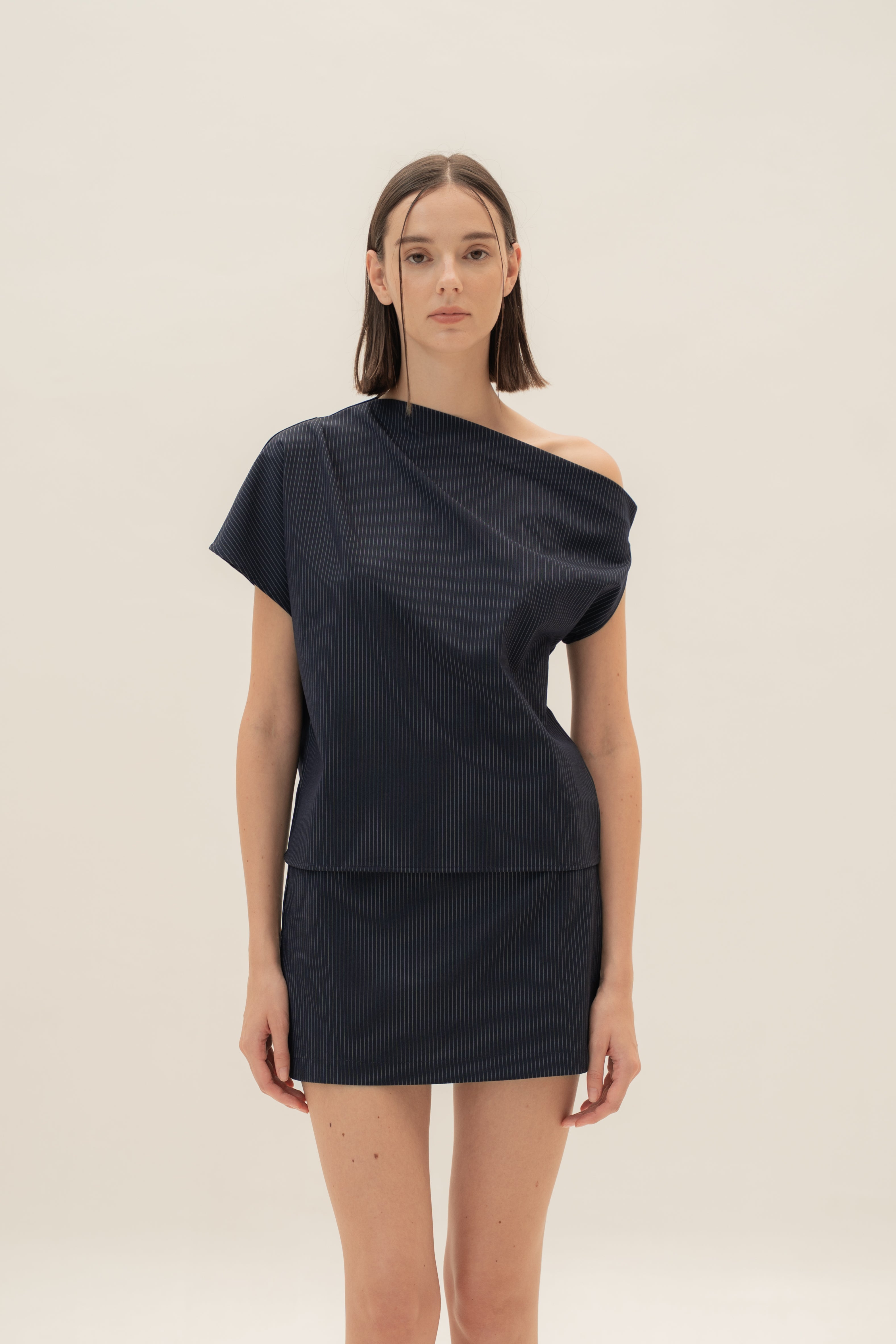 One-Shoulder Top in Pinstripe Navy