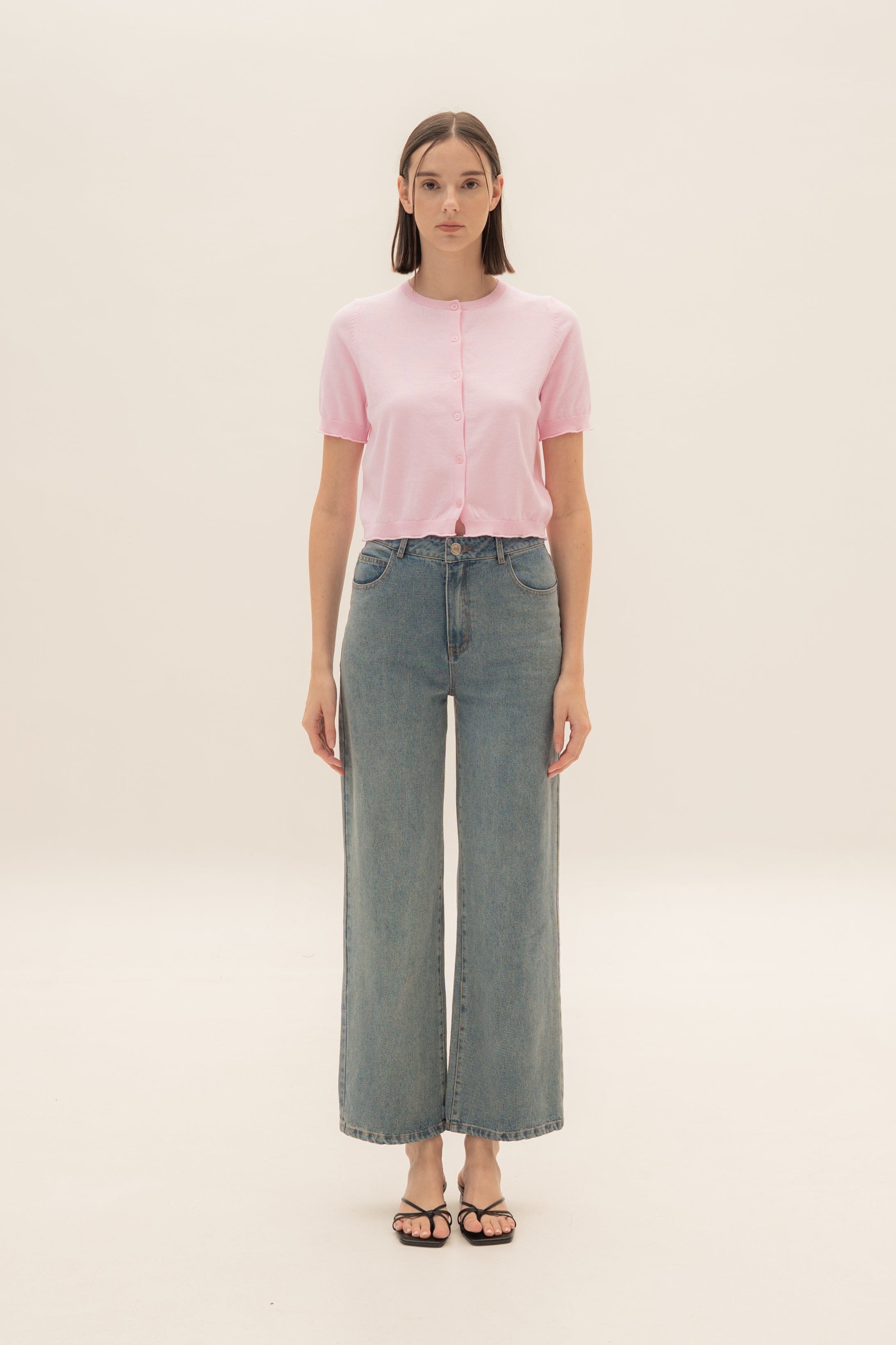 Short Sleeve Button Up Cardigan in Pink