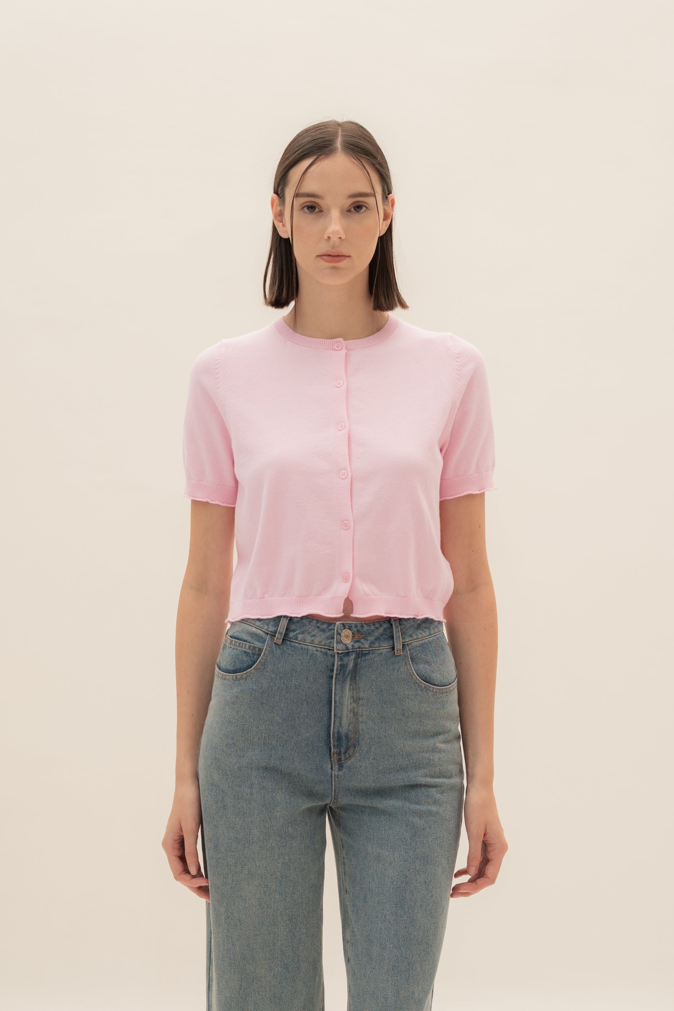 Short Sleeve Button Up Cardigan in Pink
