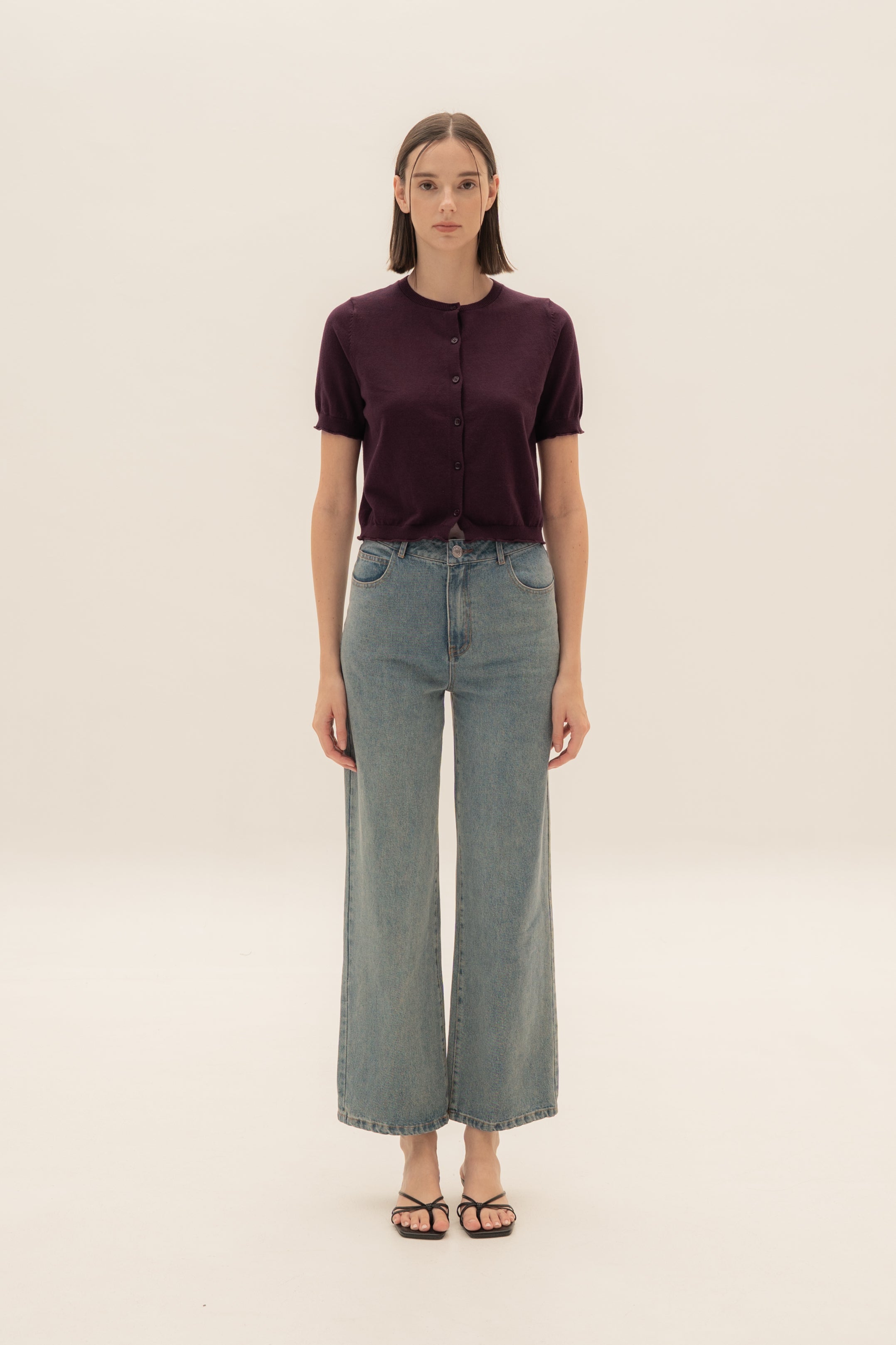 Short Sleeve Button Up Cardigan in Mulberry