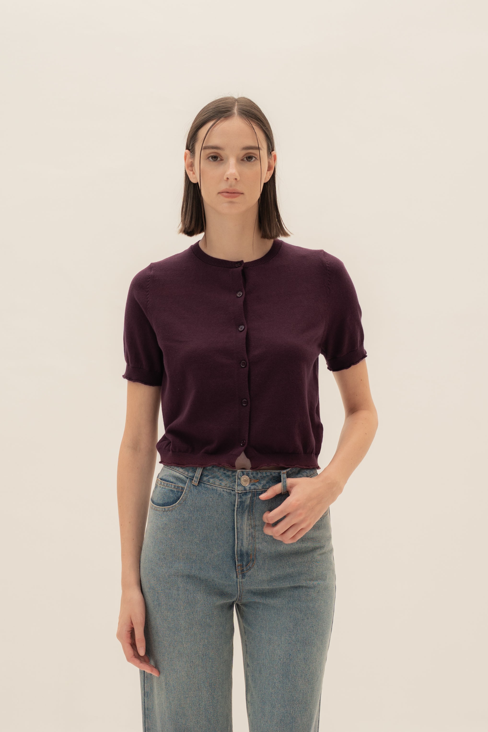 Short Sleeve Button Up Cardigan in Mulberry