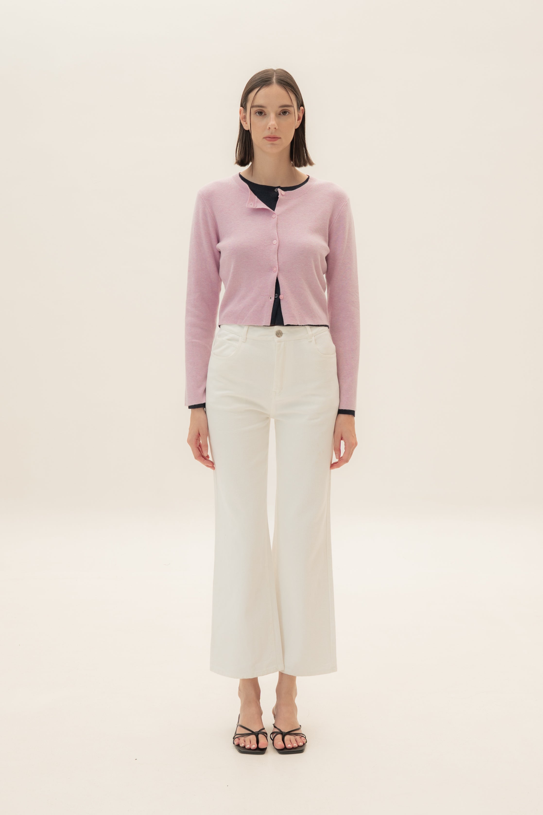 Round-Neck Knitted Cardigan in Heather Pink