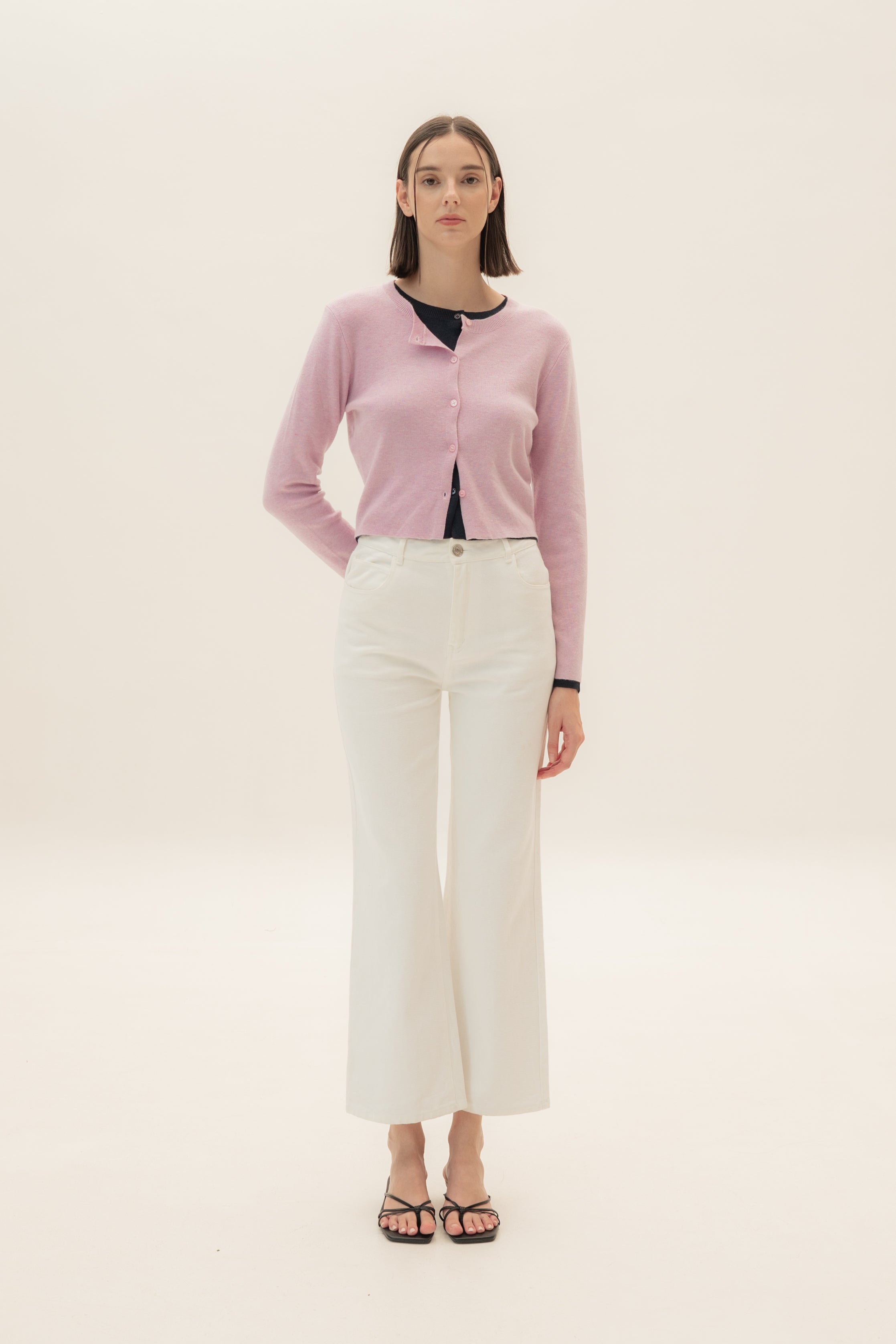 Round-Neck Knitted Cardigan in Heather Pink
