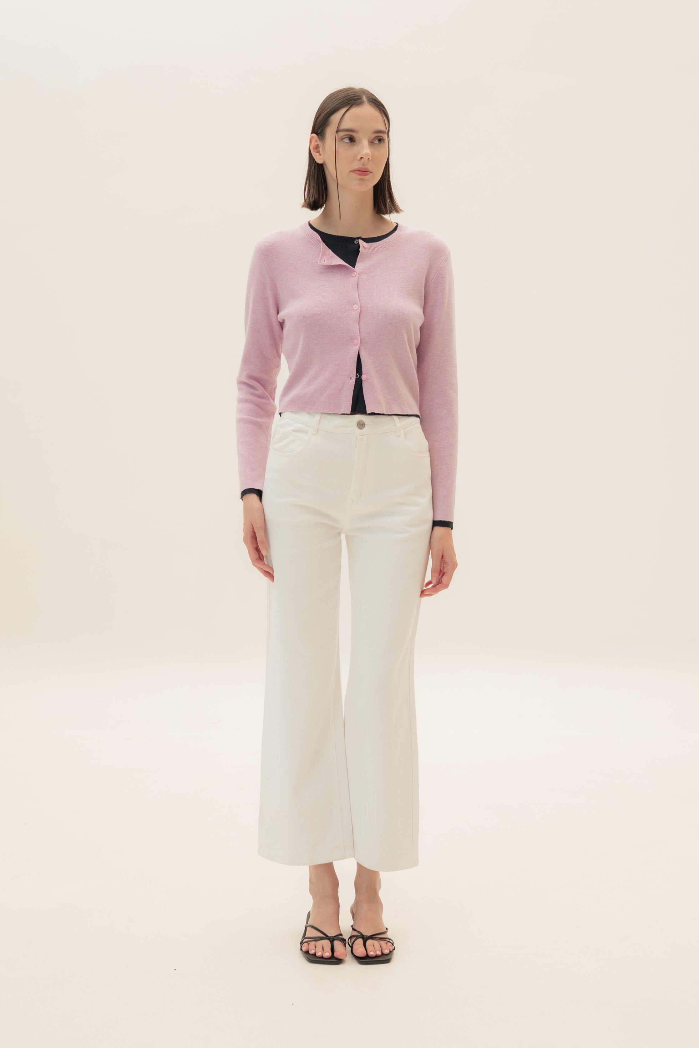 Round-Neck Knitted Cardigan in Heather Pink