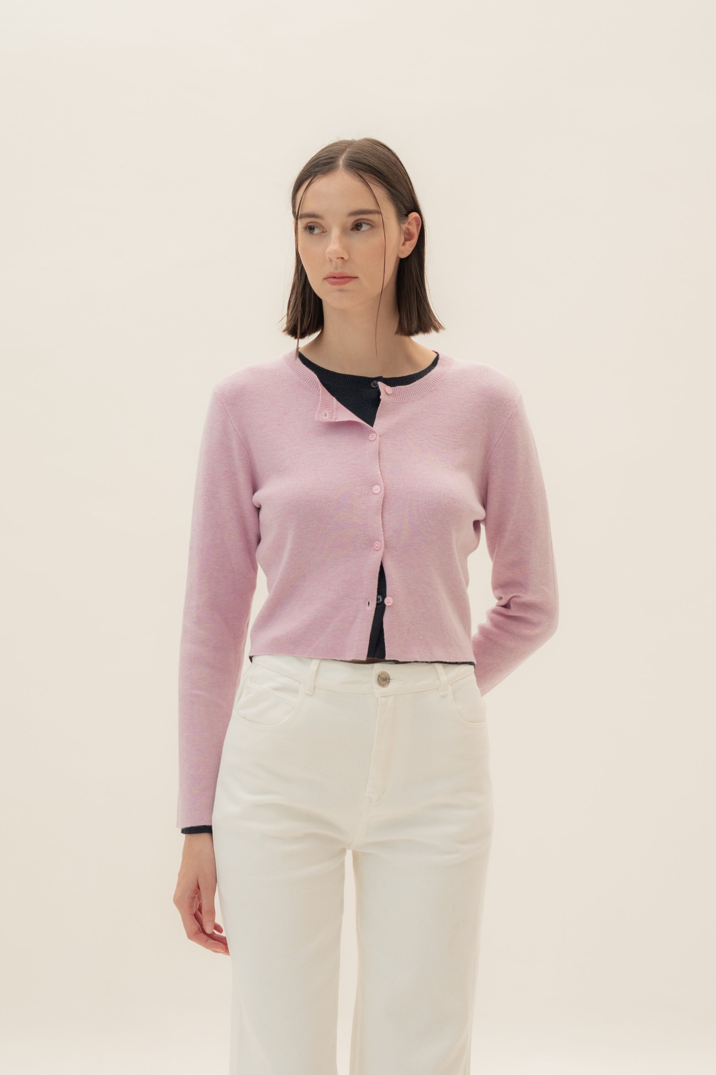 Round-Neck Knitted Cardigan in Heather Pink