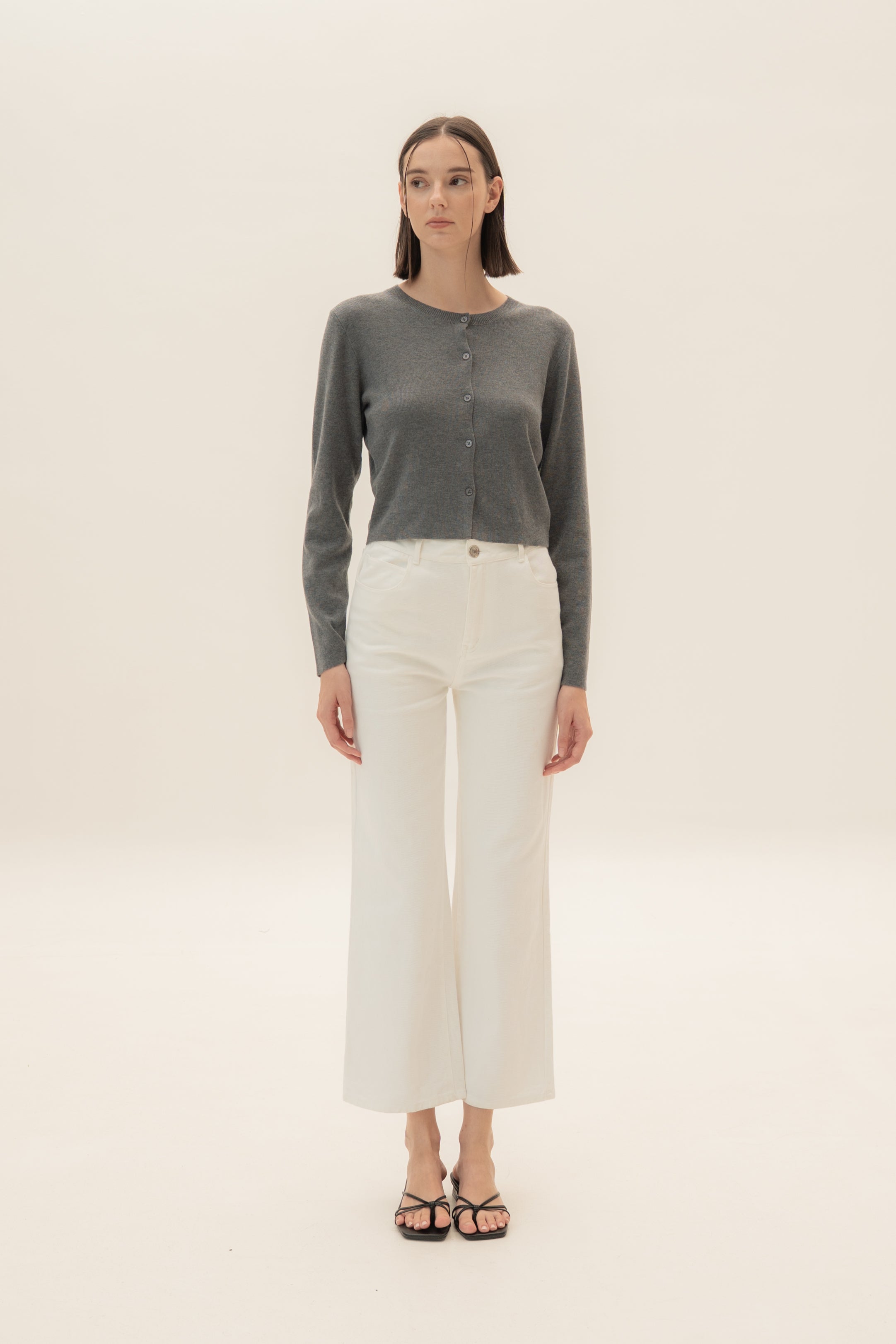 Round-Neck Knitted Cardigan in Stone Grey