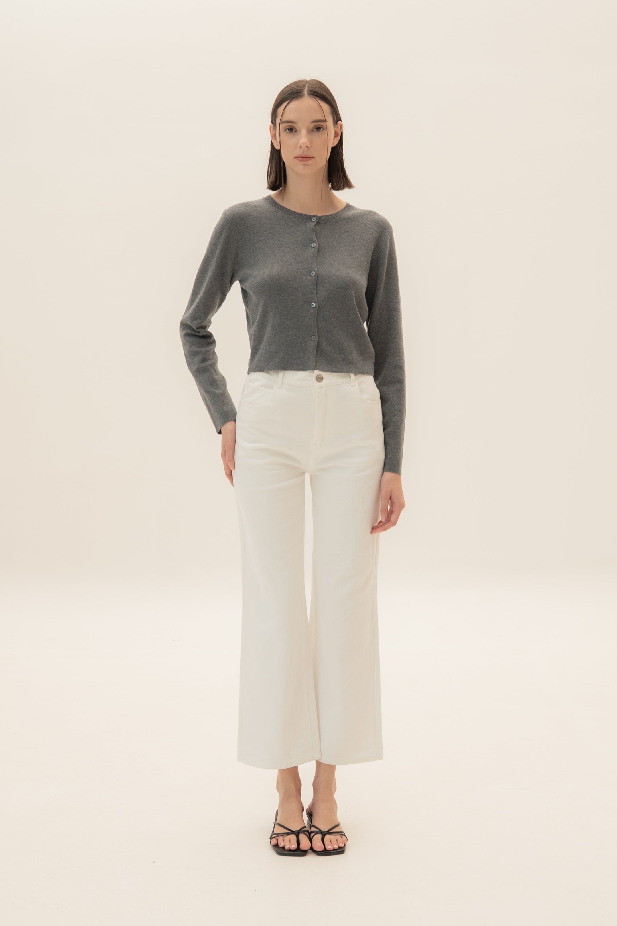 Round-Neck Knitted Cardigan in Stone Grey