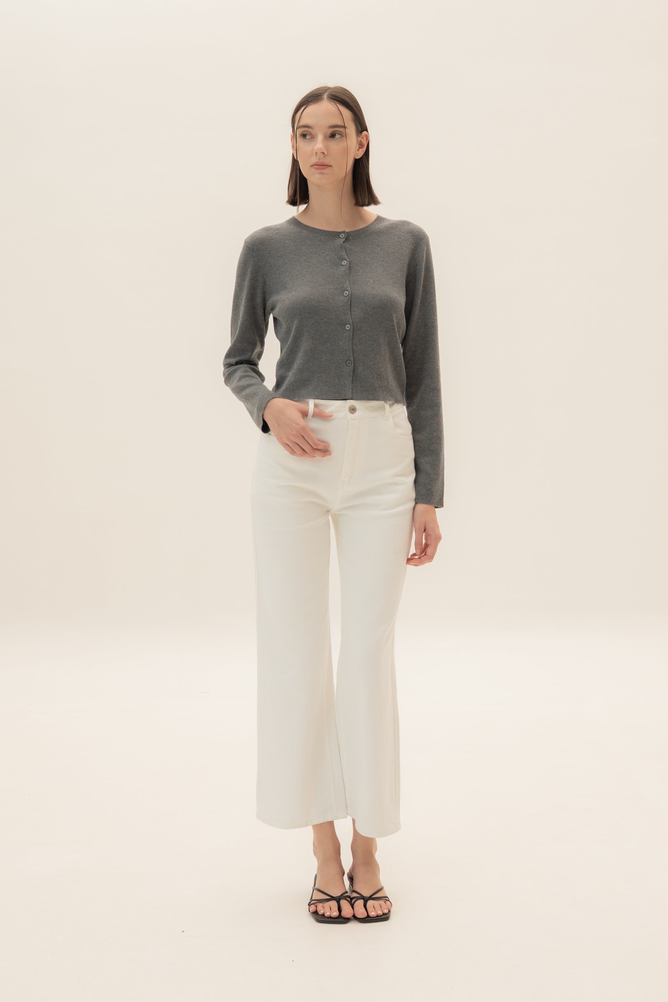 Round-Neck Knitted Cardigan in Stone Grey