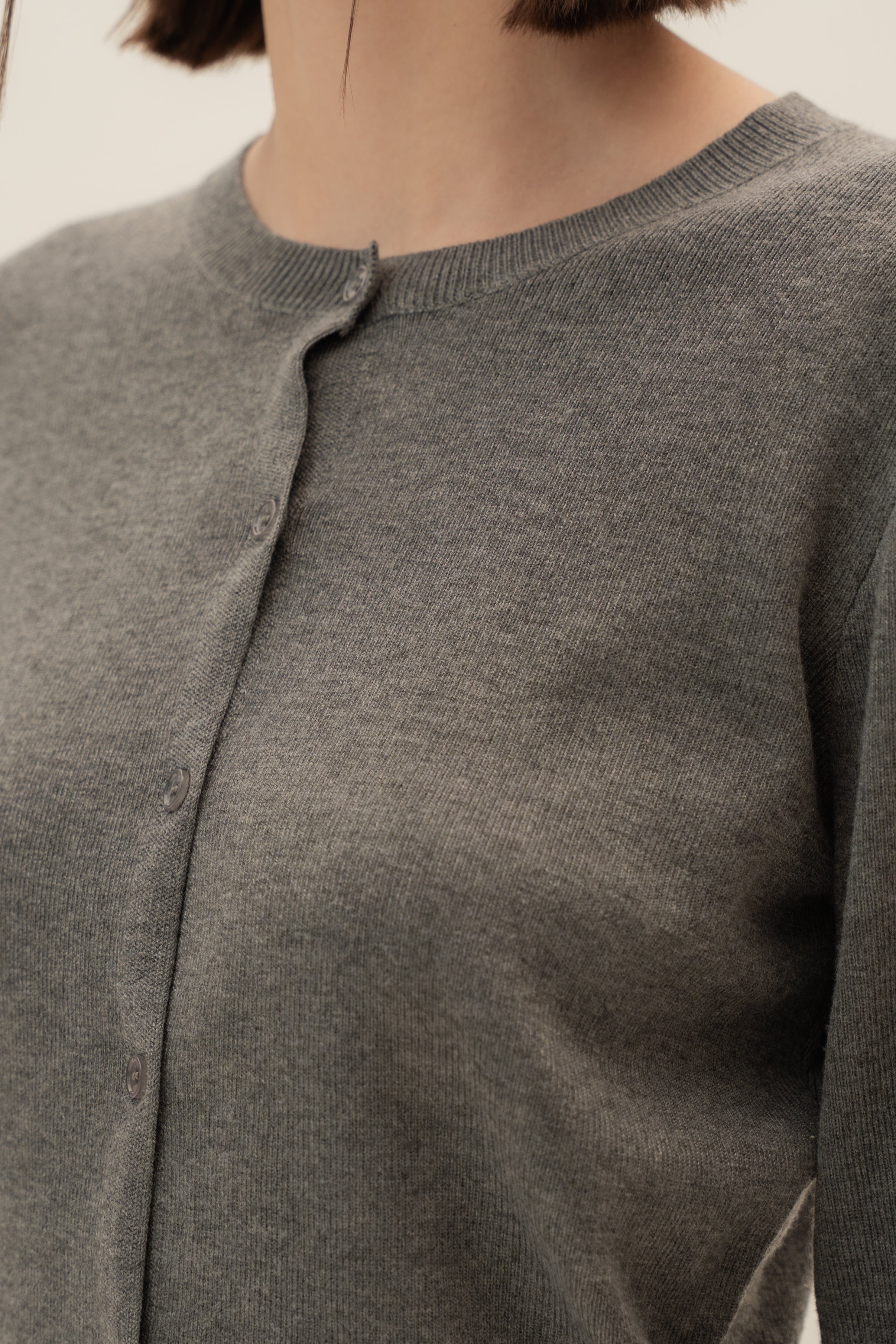 Round-Neck Knitted Cardigan in Stone Grey