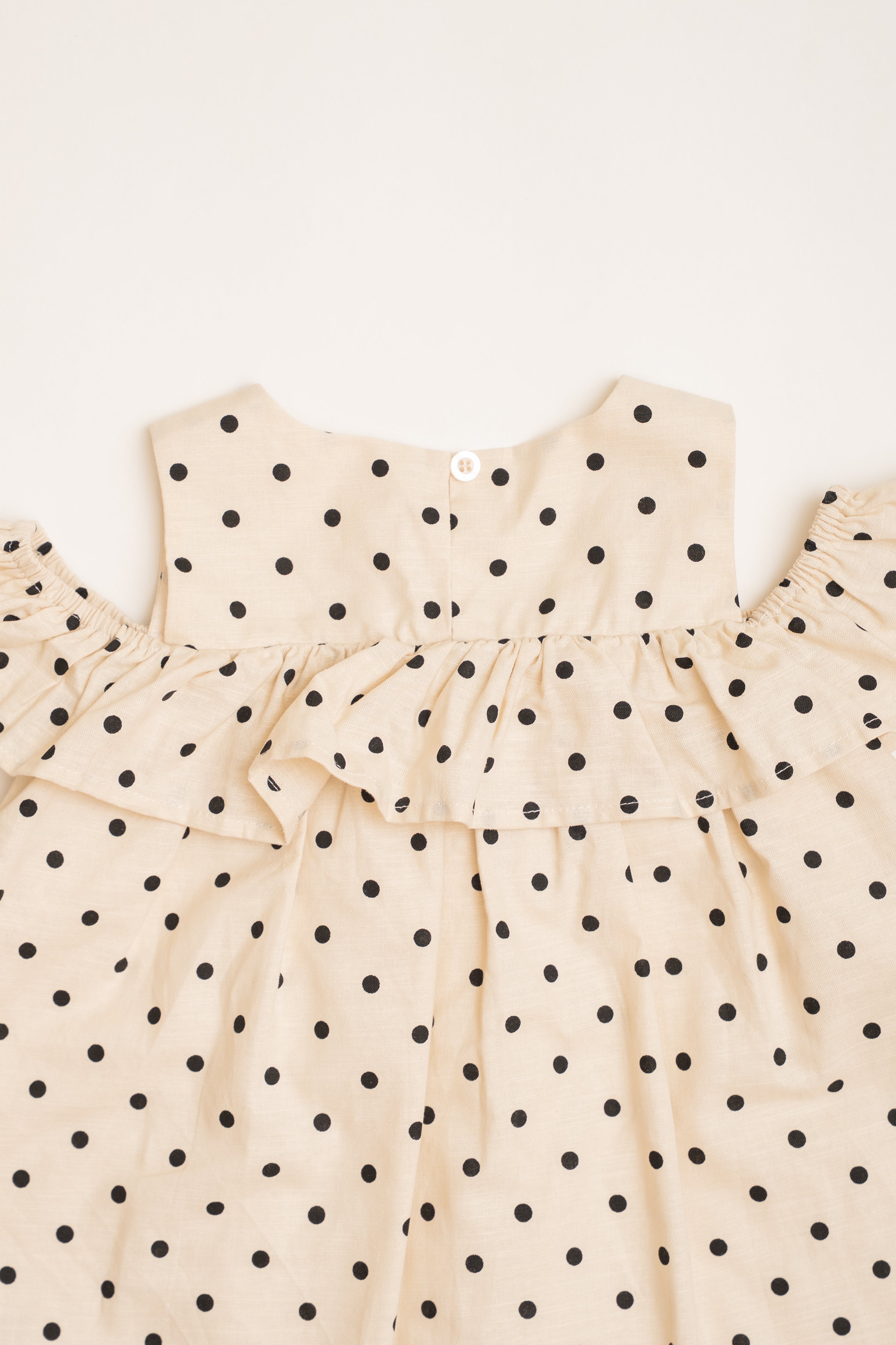 Mini Gathered Dress With Shoulder Detailing in Polka Dot Ivory