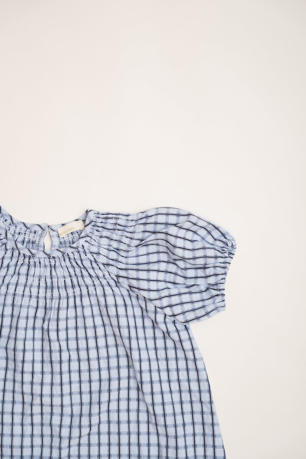 Mini Puffed Sleeve Shirred Neckline Dress in Ocean Blue Gingham