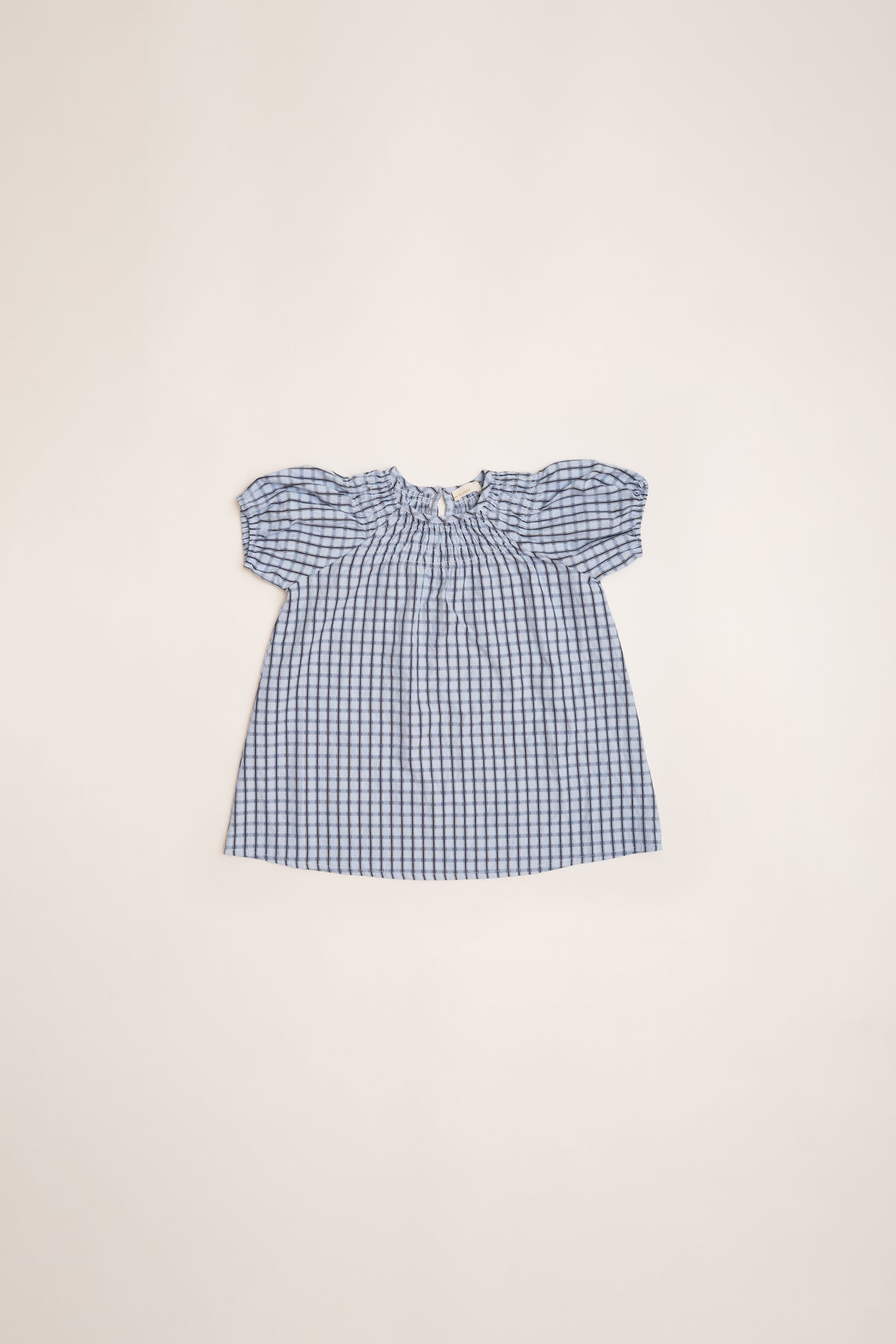 Mini Puffed Sleeve Shirred Neckline Dress in Ocean Blue Gingham