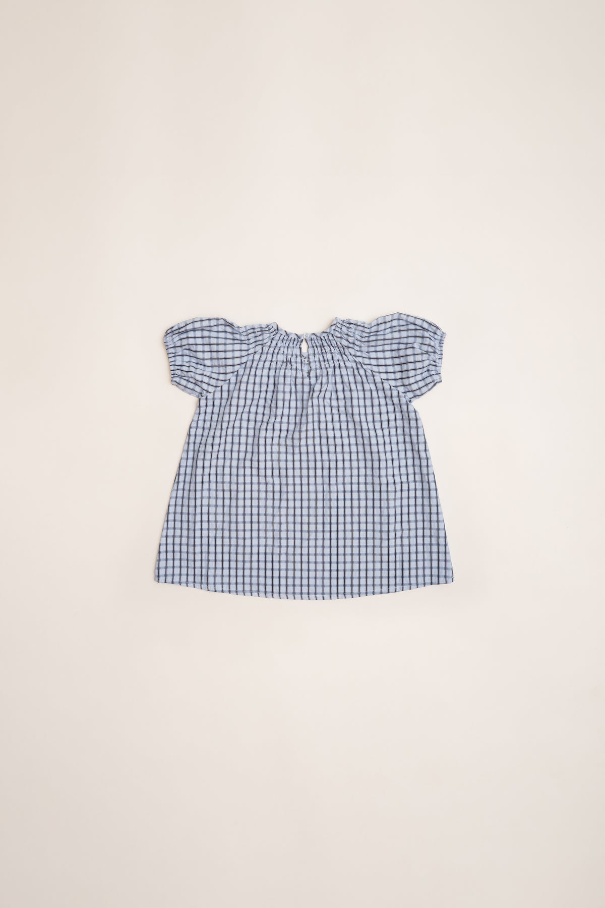 Mini Puffed Sleeve Shirred Neckline Dress in Ocean Blue Gingham