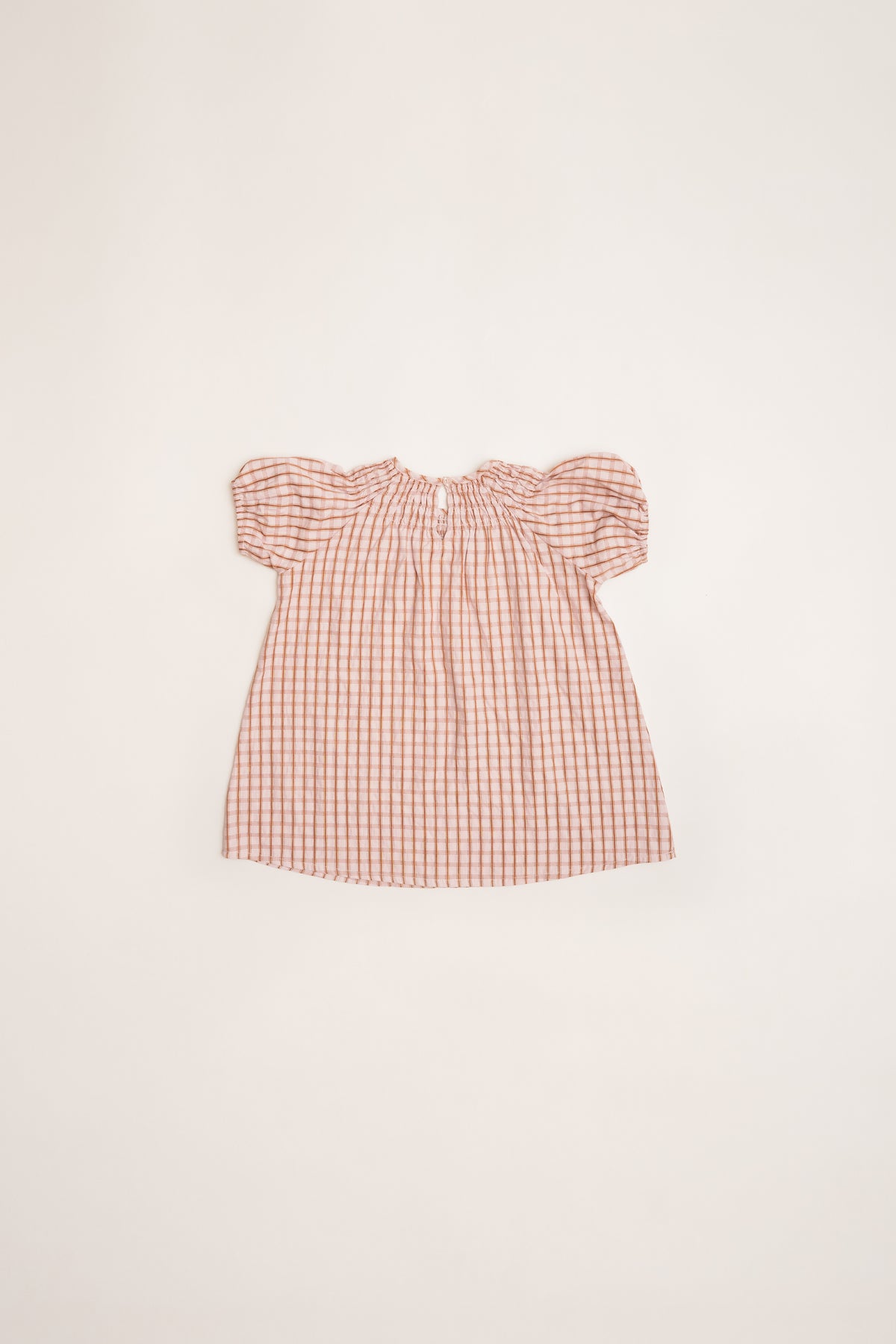 Mini Puffed Sleeve Shirred Neckline Dress in Rosewood Gingham