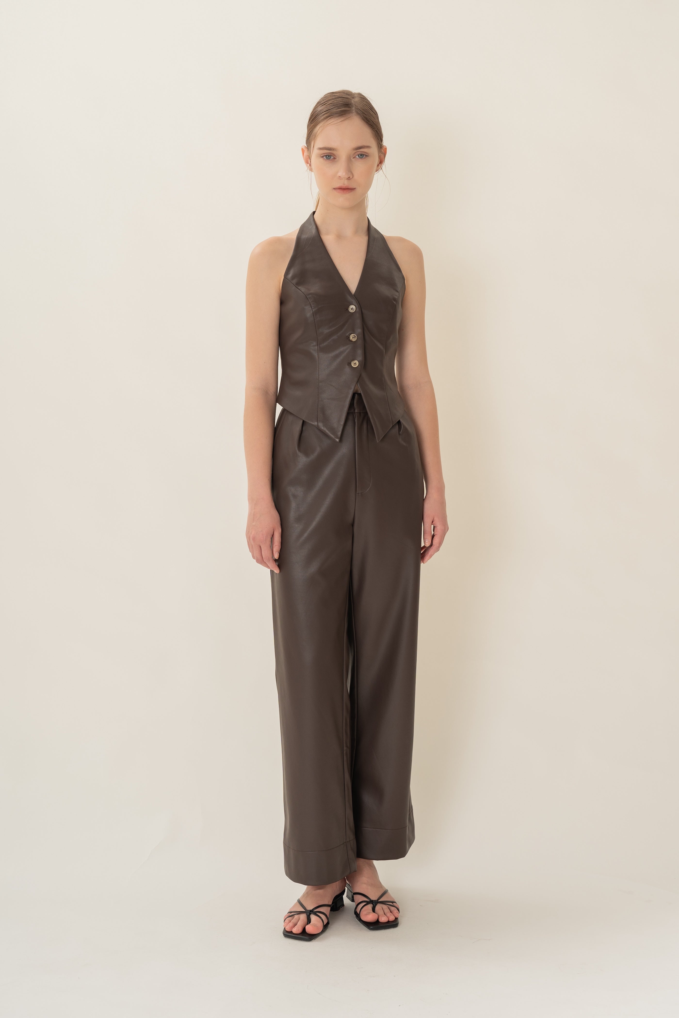 Faux Leather Padded Halter Waistcoat in Umber