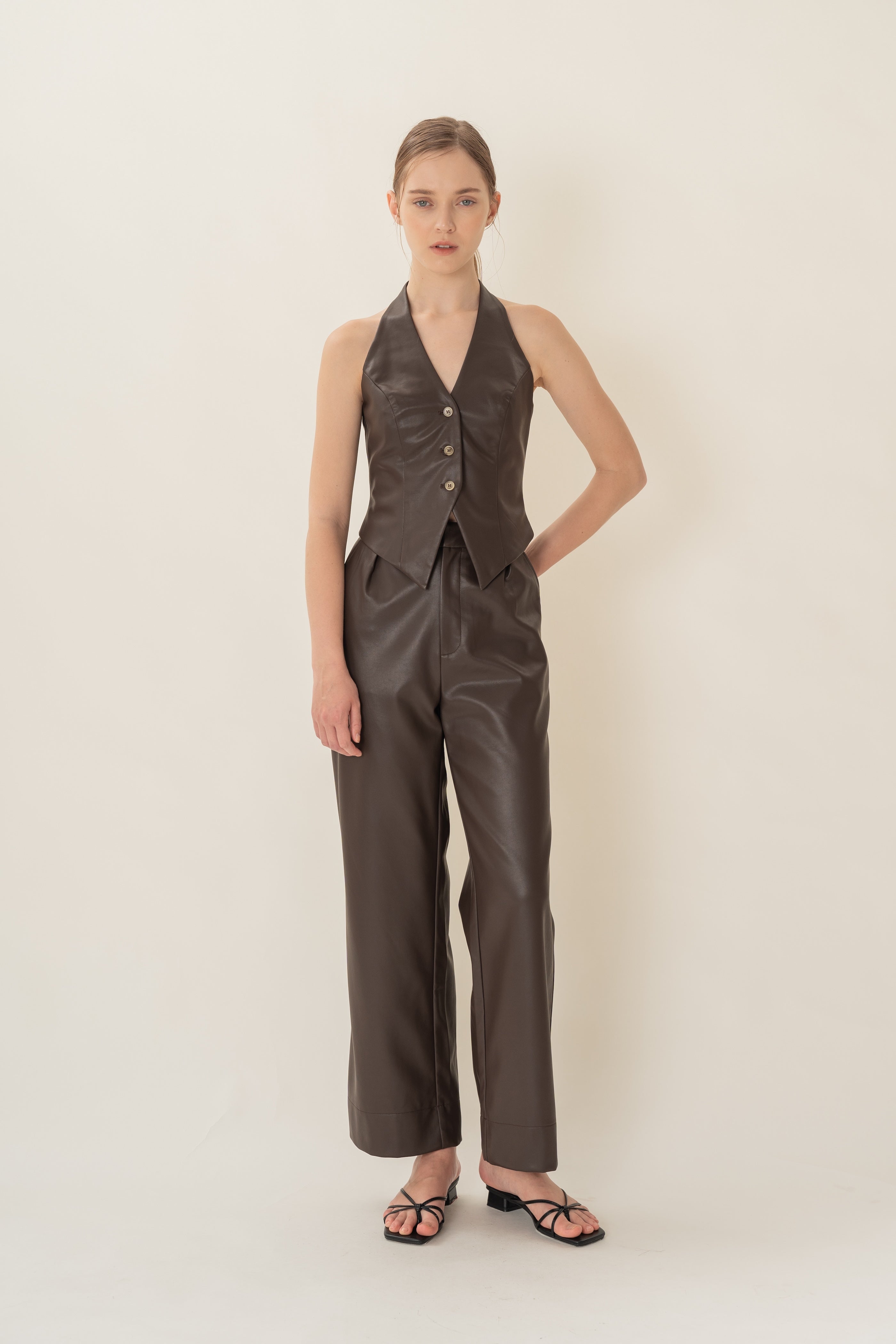 Faux Leather Padded Halter Waistcoat in Umber