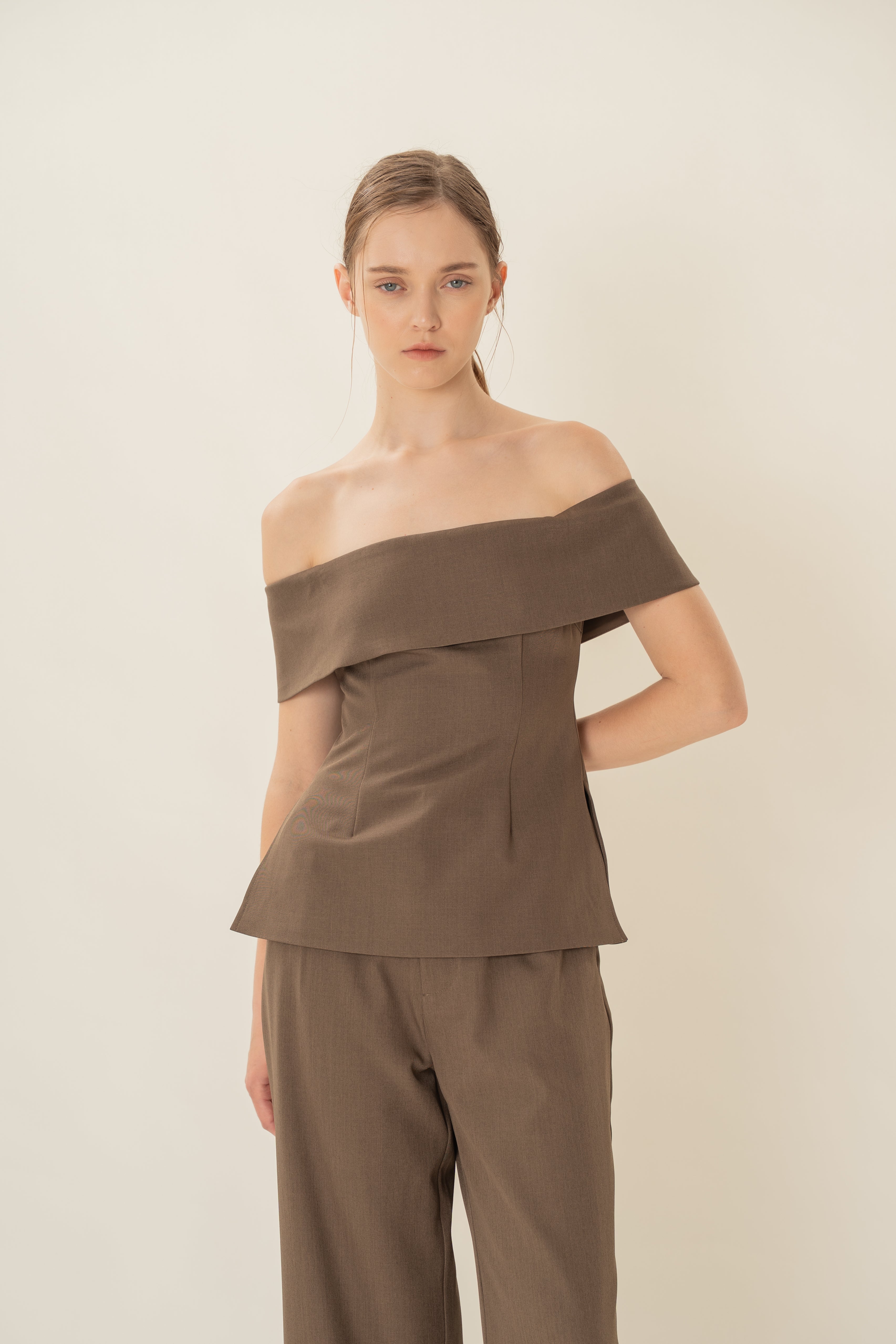 Off Shoulder Top In Heather Brown