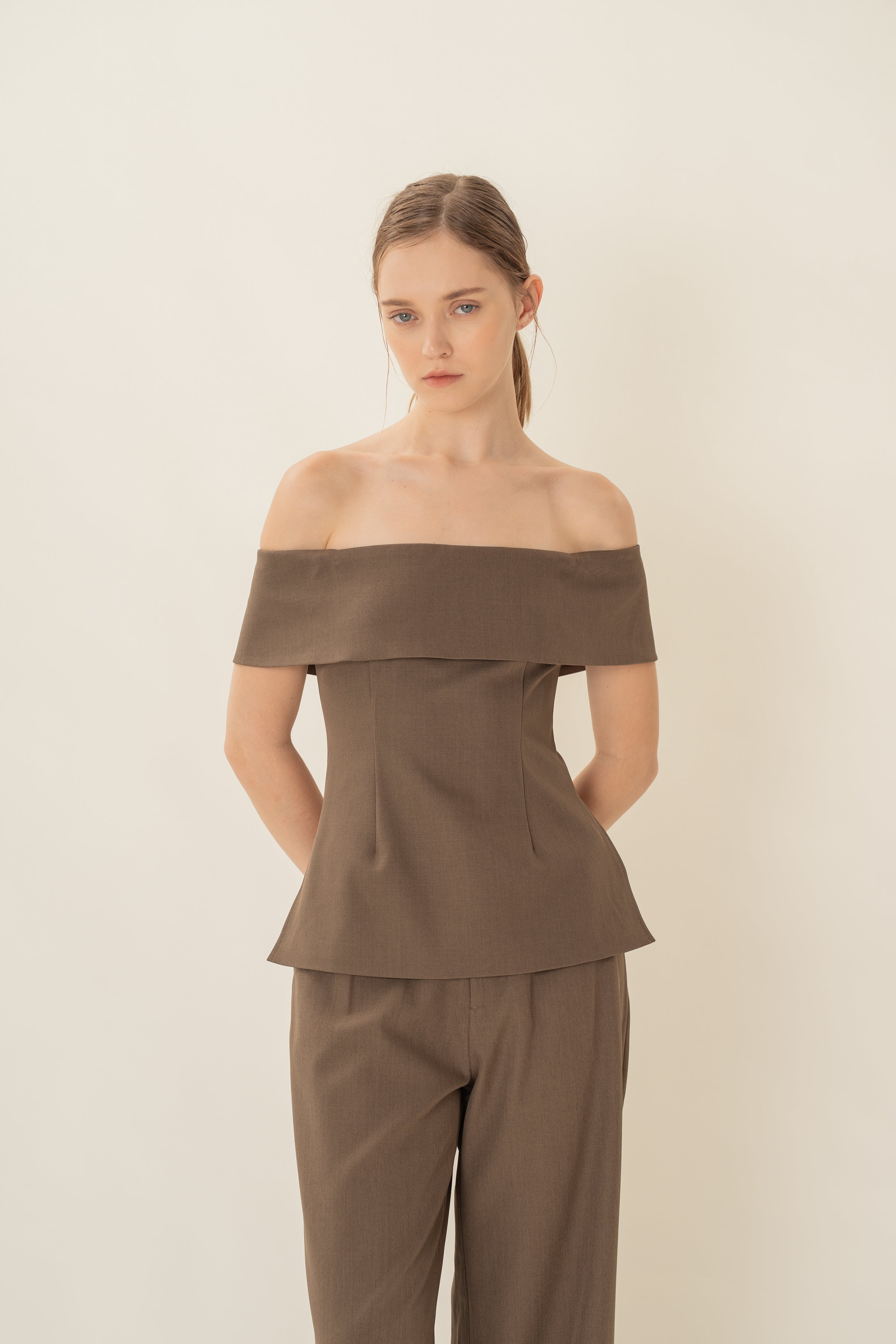Off Shoulder Top In Heather Brown