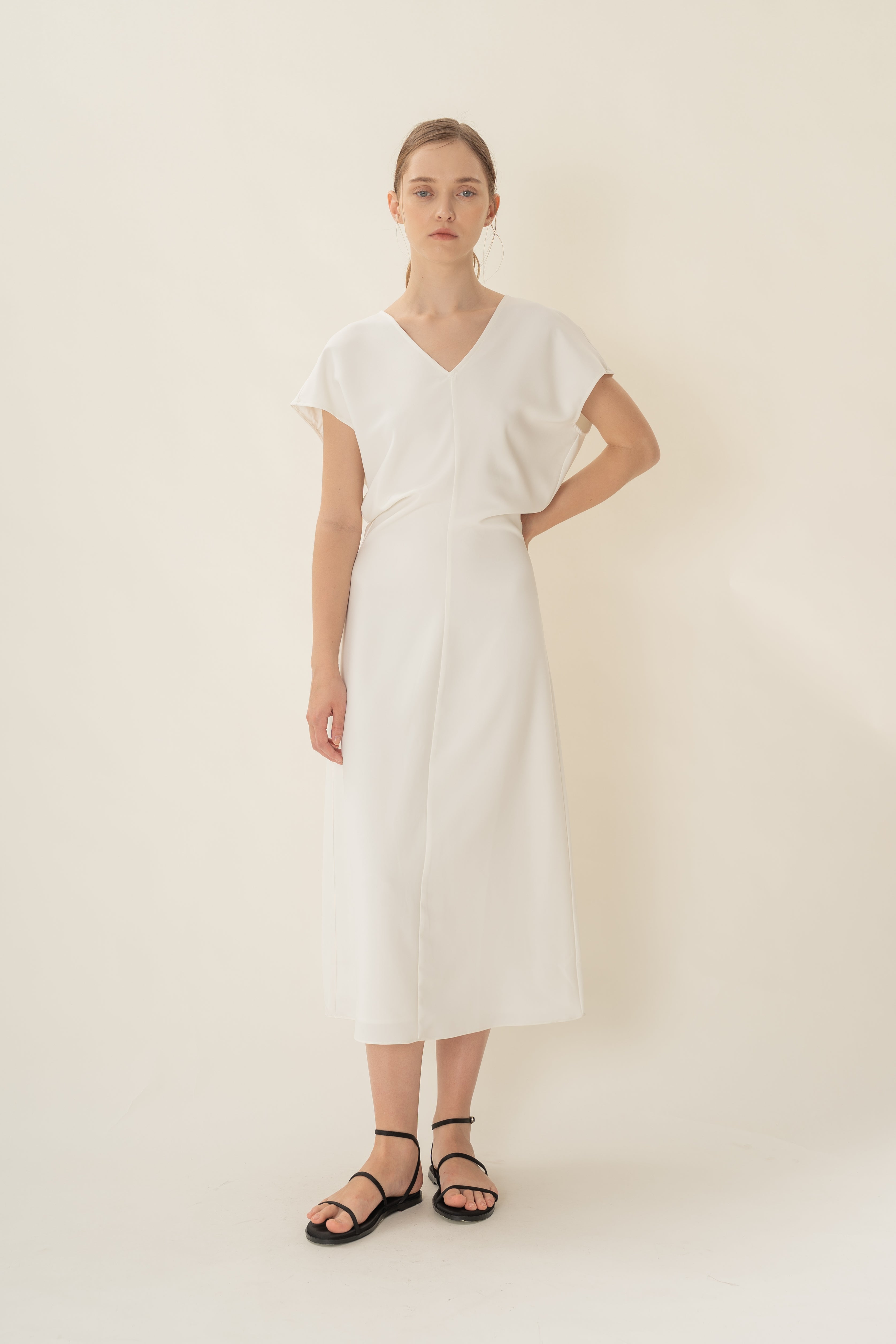 V-Neck Waisted Midi in White