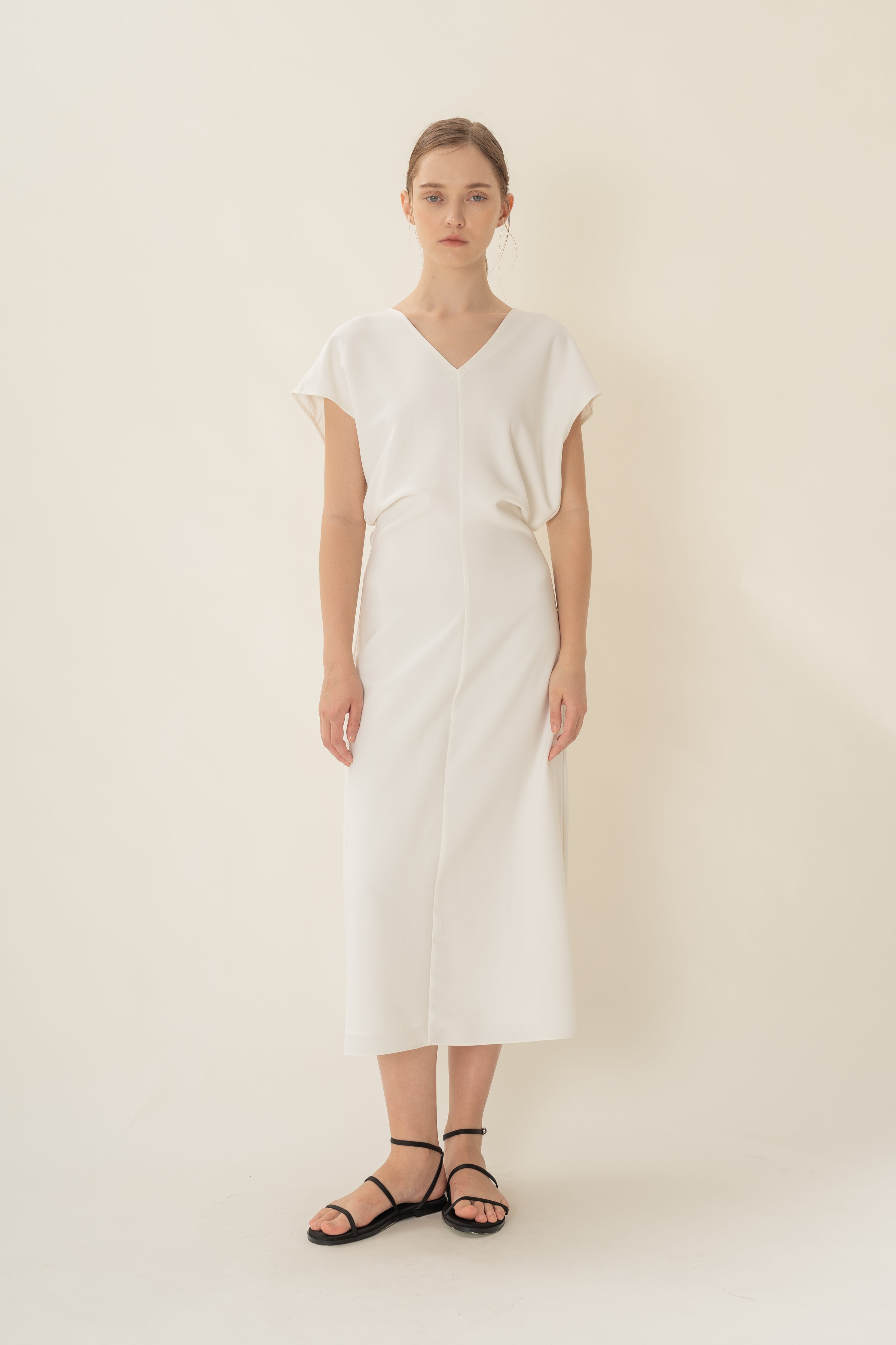 V-Neck Waisted Midi in White