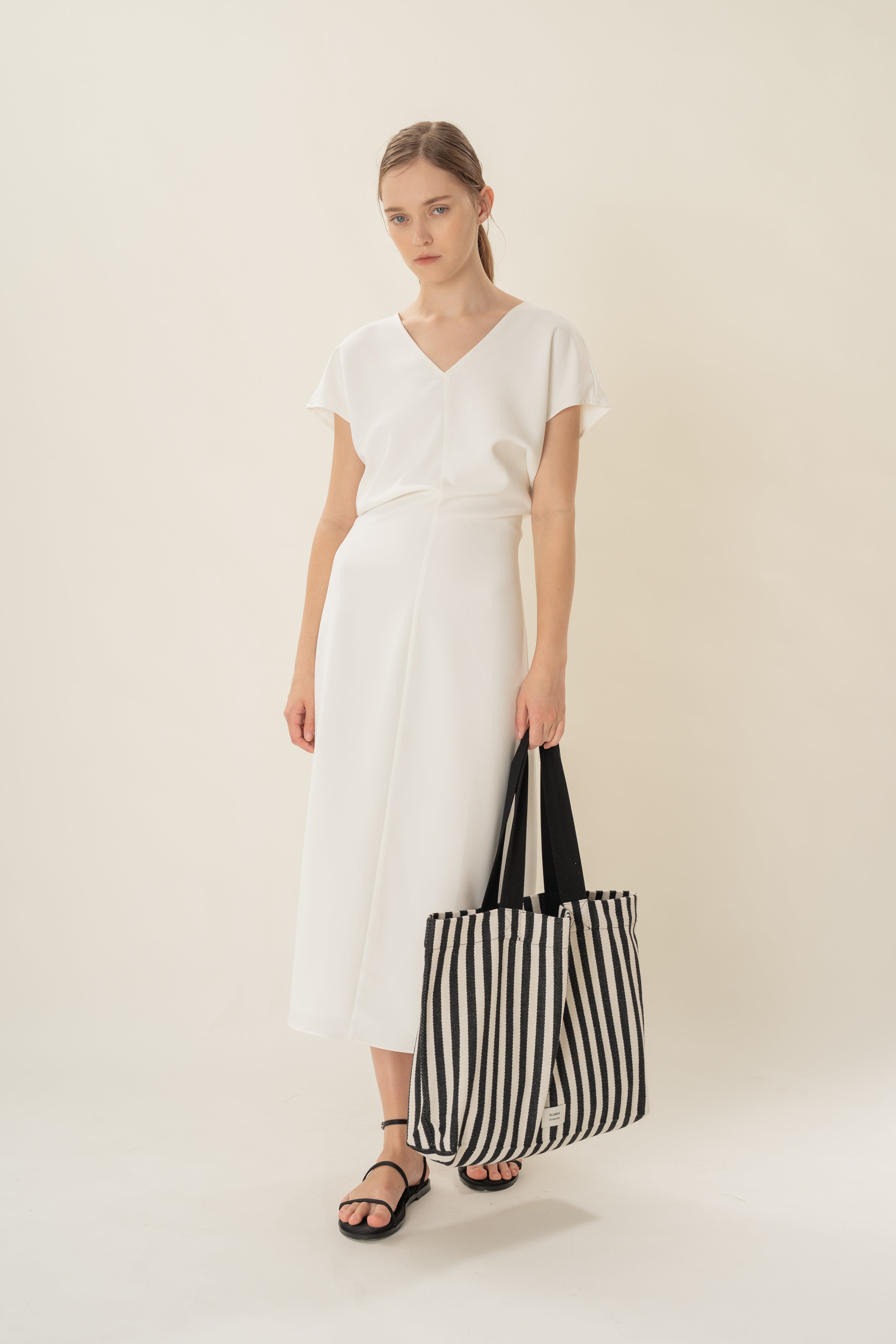 V-Neck Waisted Midi in White