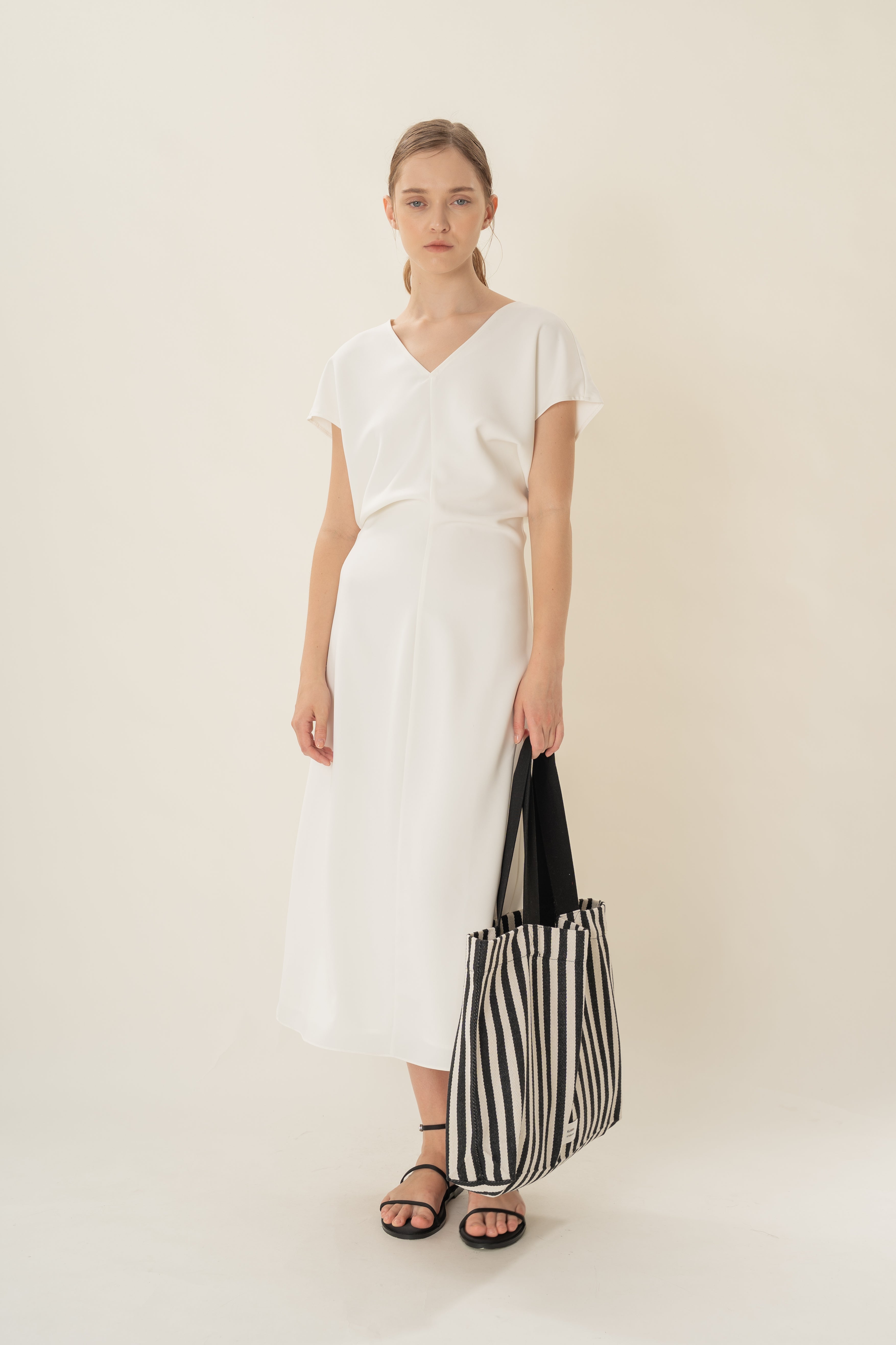 V-Neck Waisted Midi in White