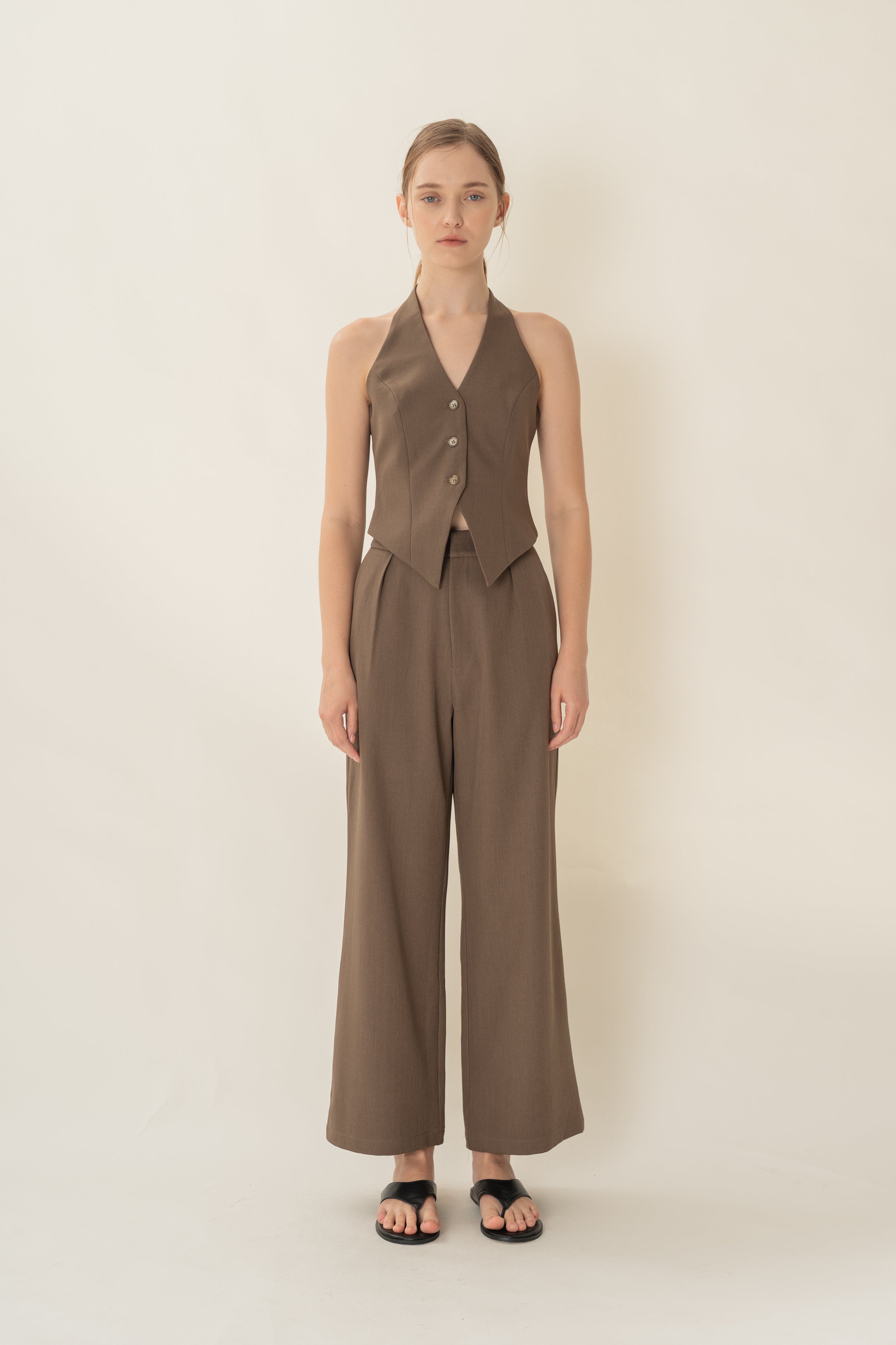 Halter Suiting Waistcoat in Heather Brown