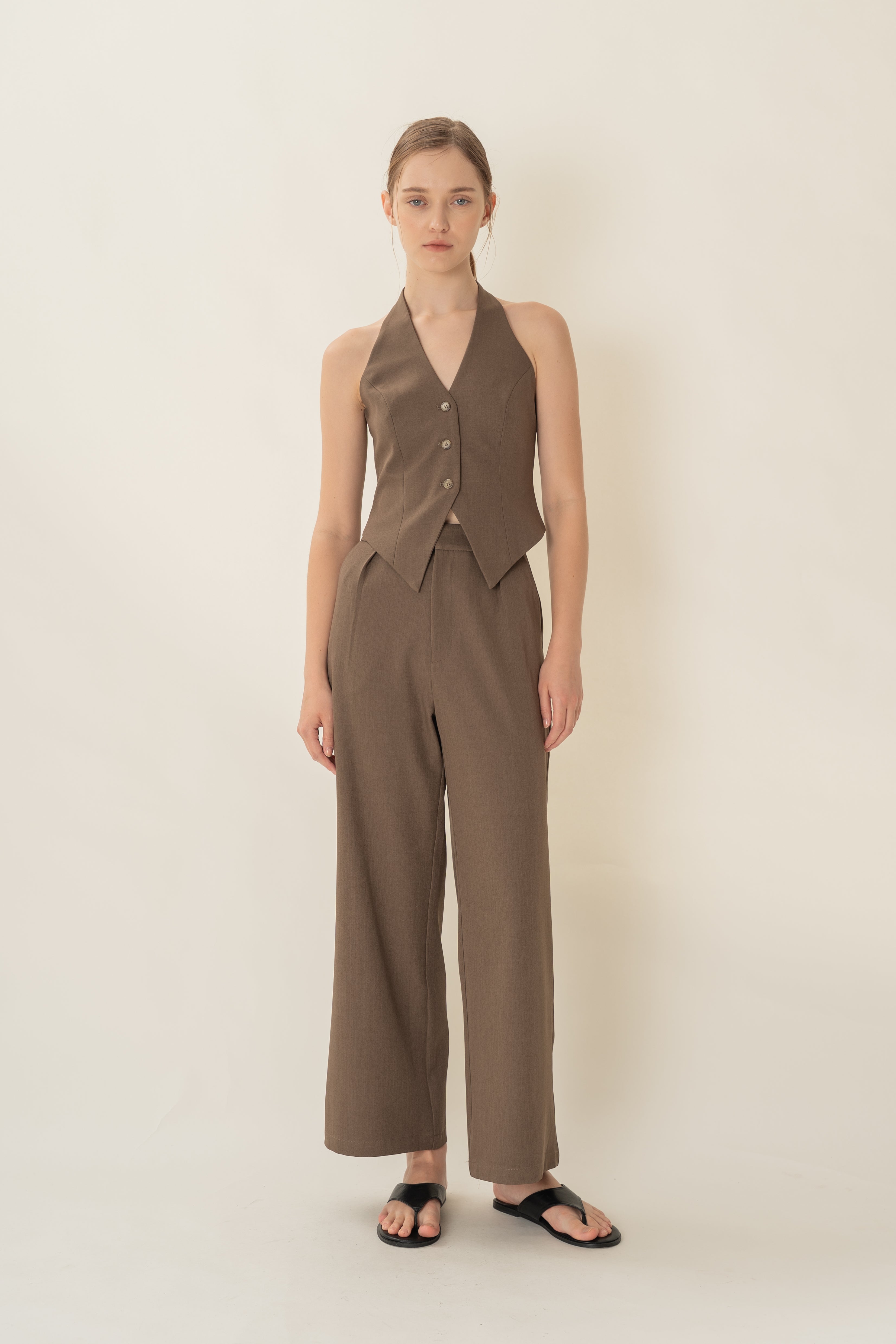 Halter Suiting Waistcoat in Heather Brown