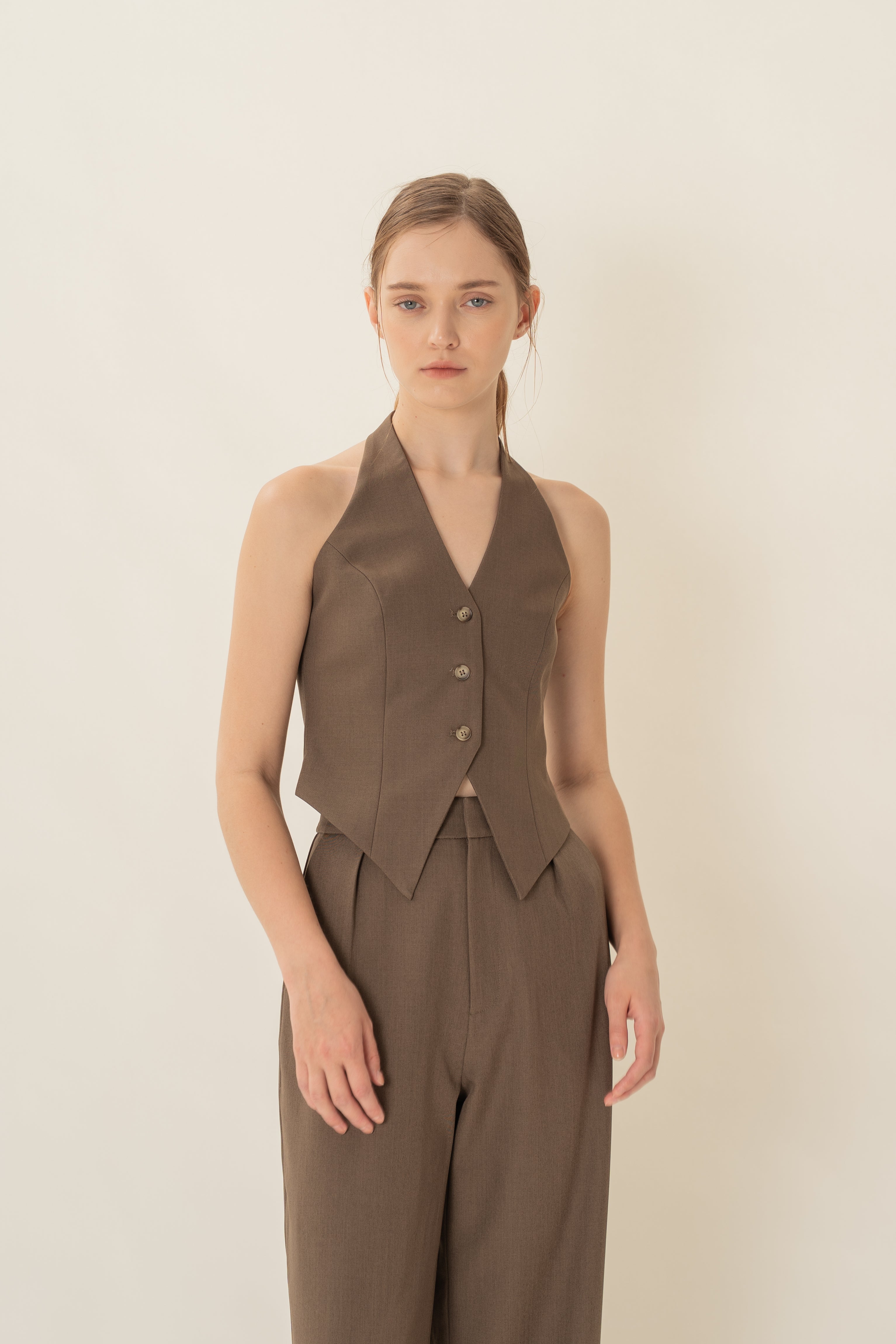 Halter Suiting Waistcoat in Heather Brown
