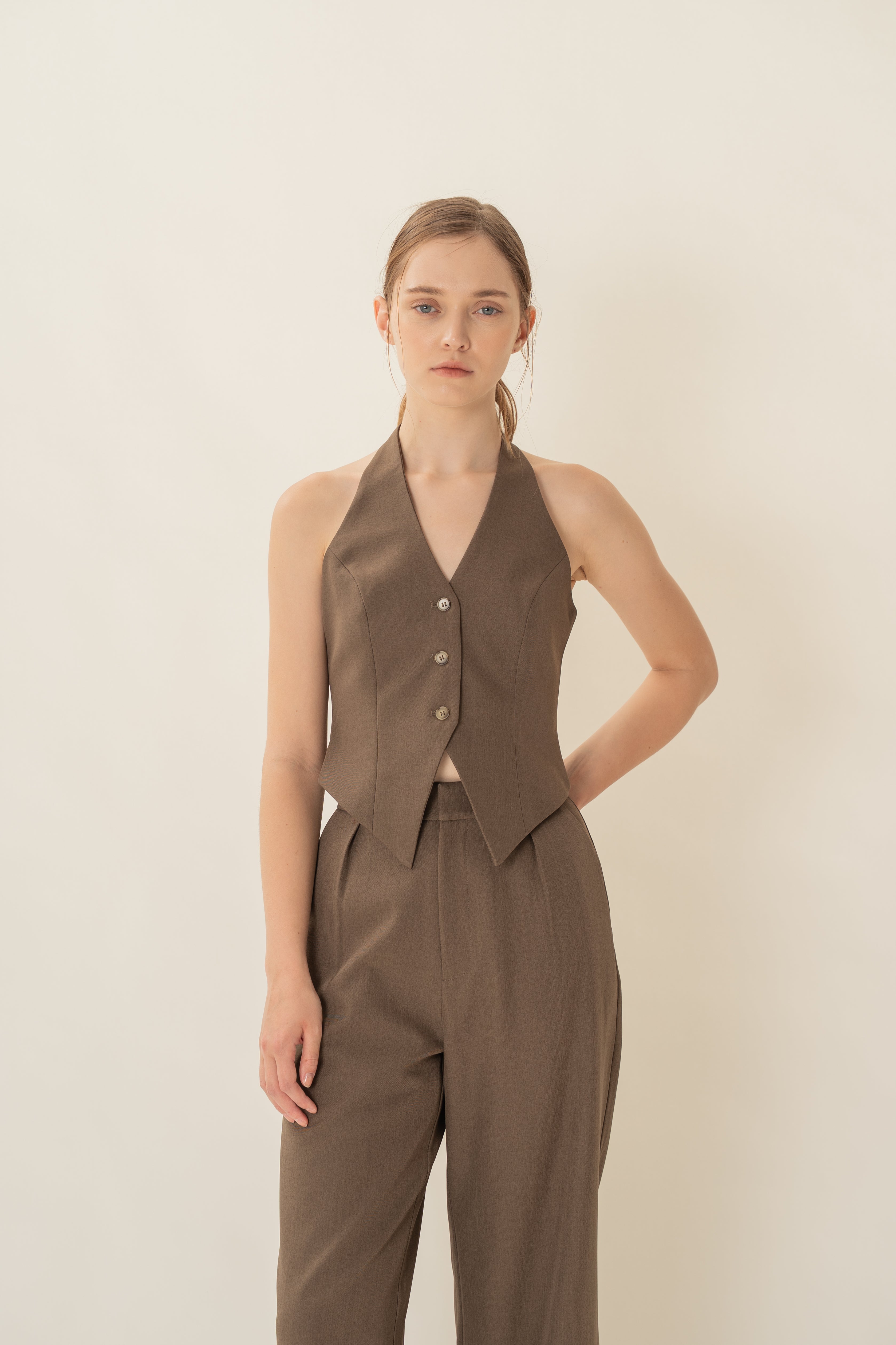 Halter Suiting Waistcoat in Heather Brown