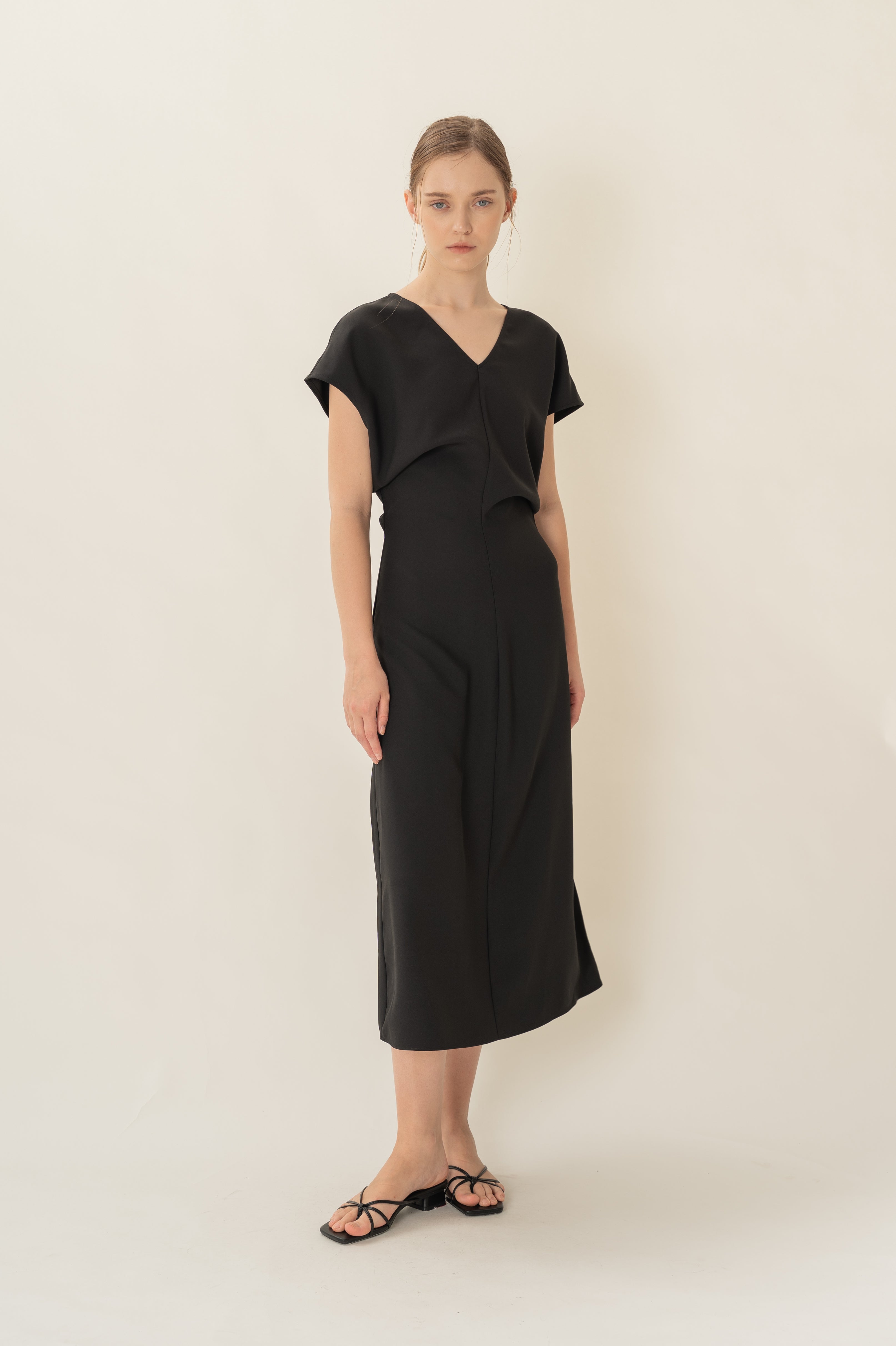 V-Neck Waisted Midi in Black