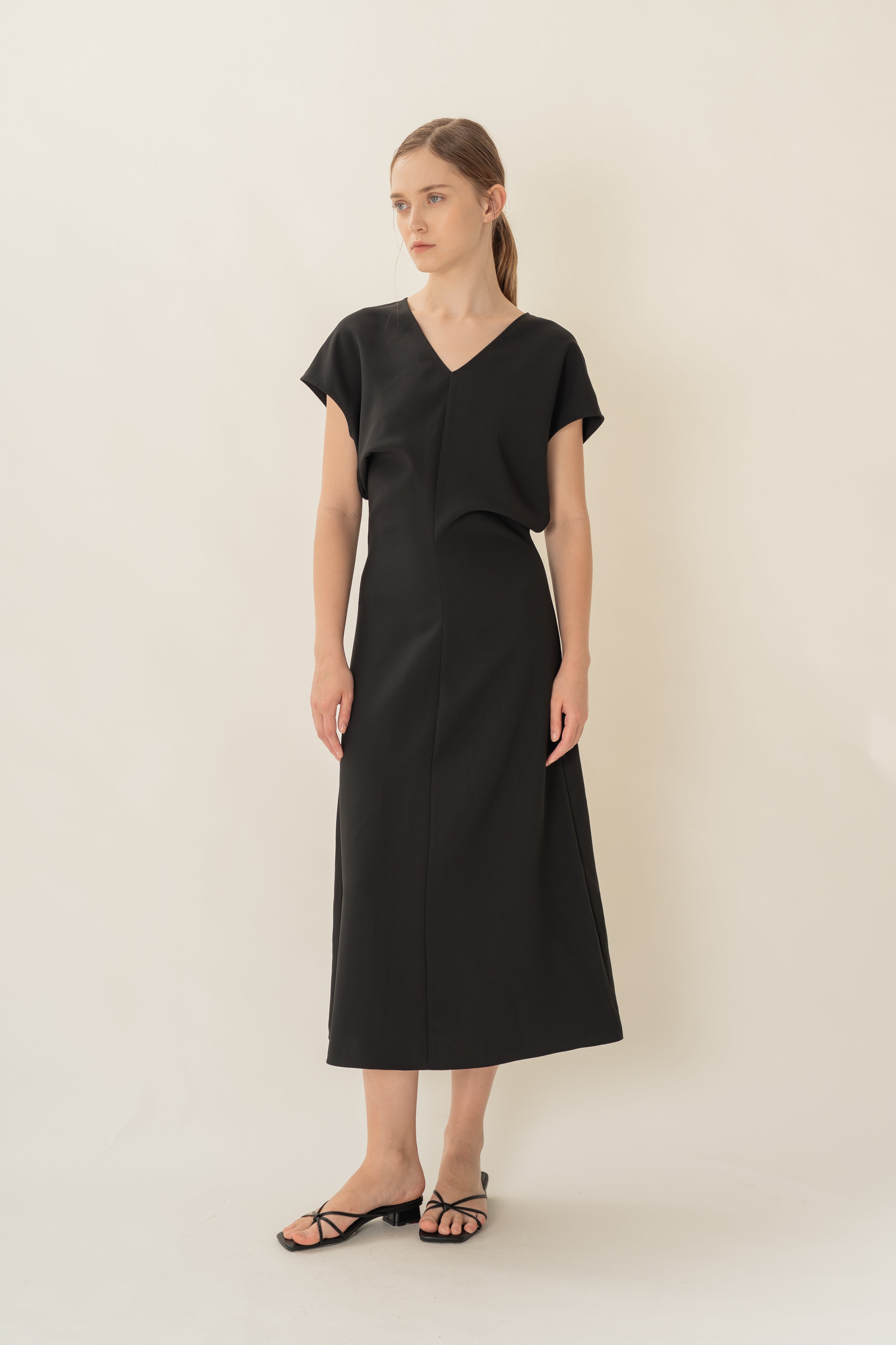 V-Neck Waisted Midi in Black