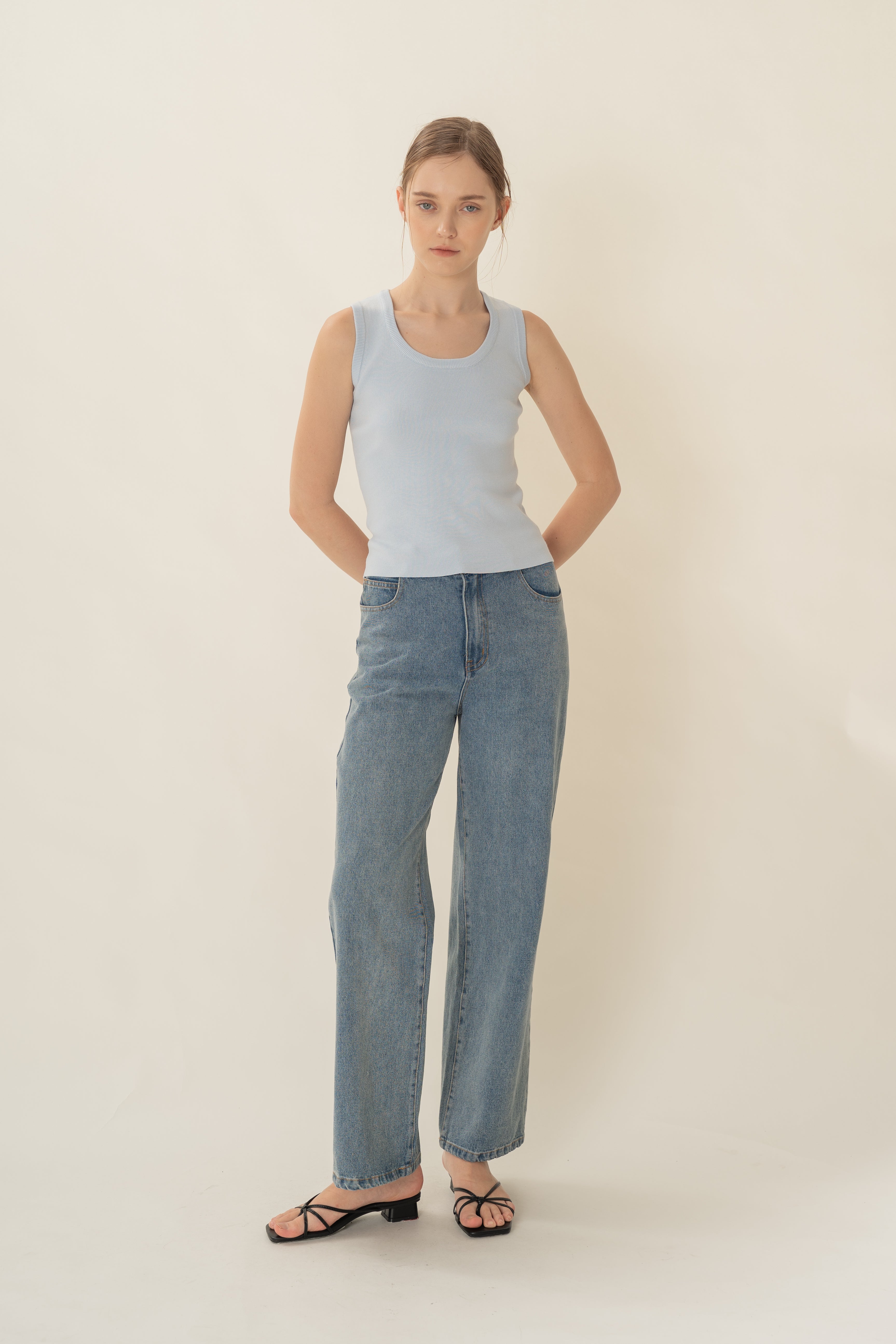 Round Neck Knitted Tank in Mist Blue