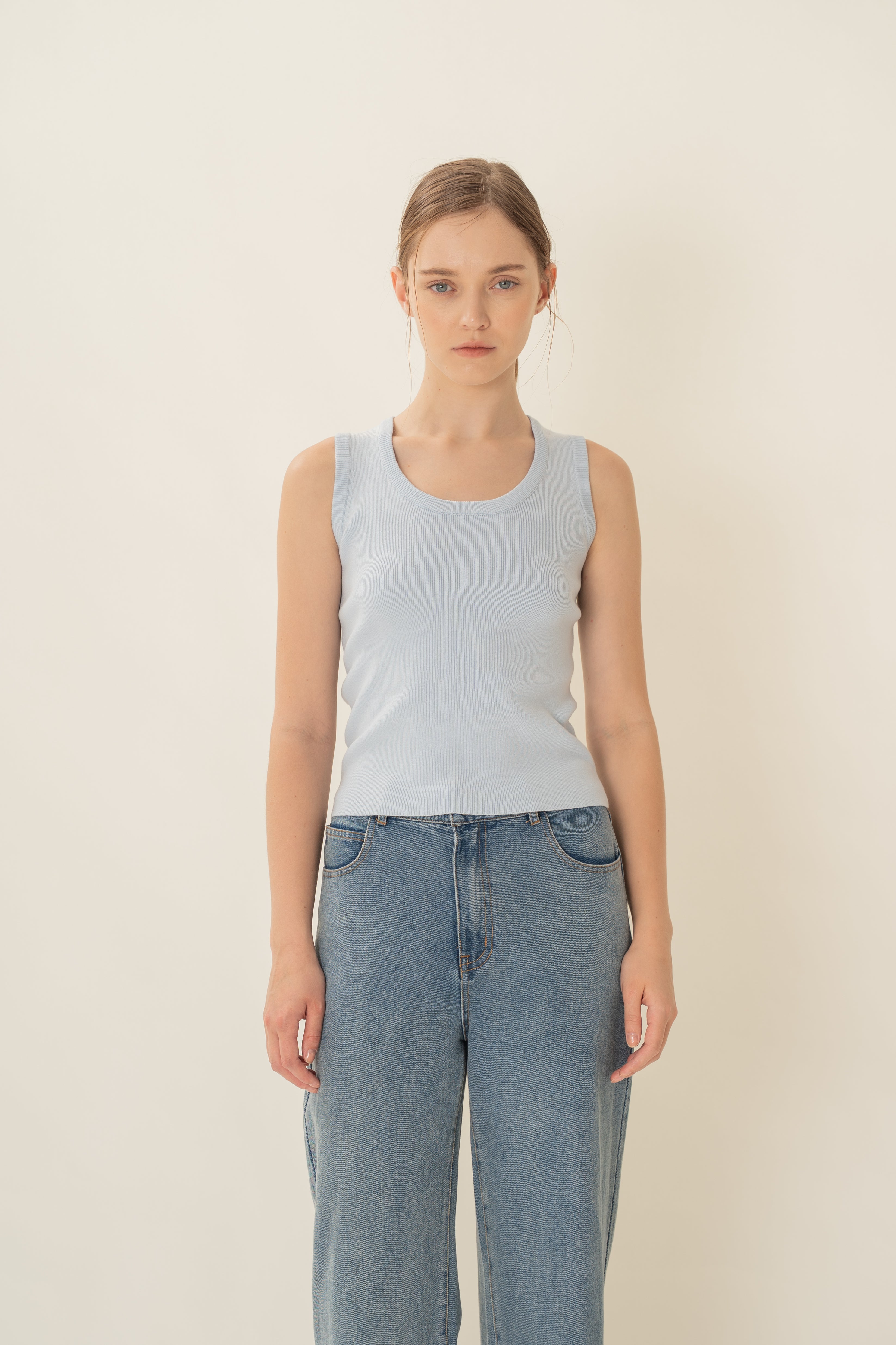 Round Neck Knitted Tank in Mist Blue