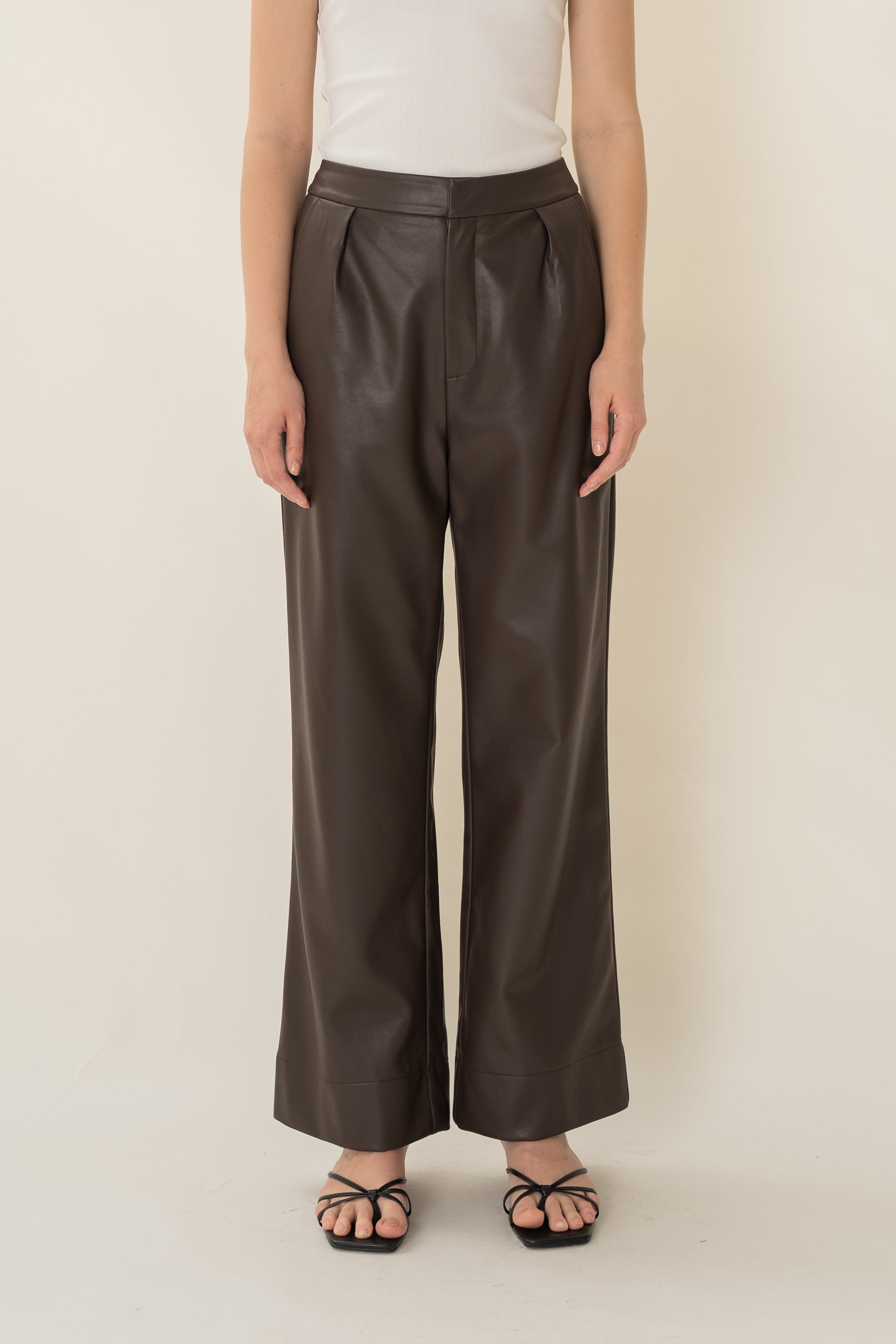 Faux Leather Pleated Trousers in Umber