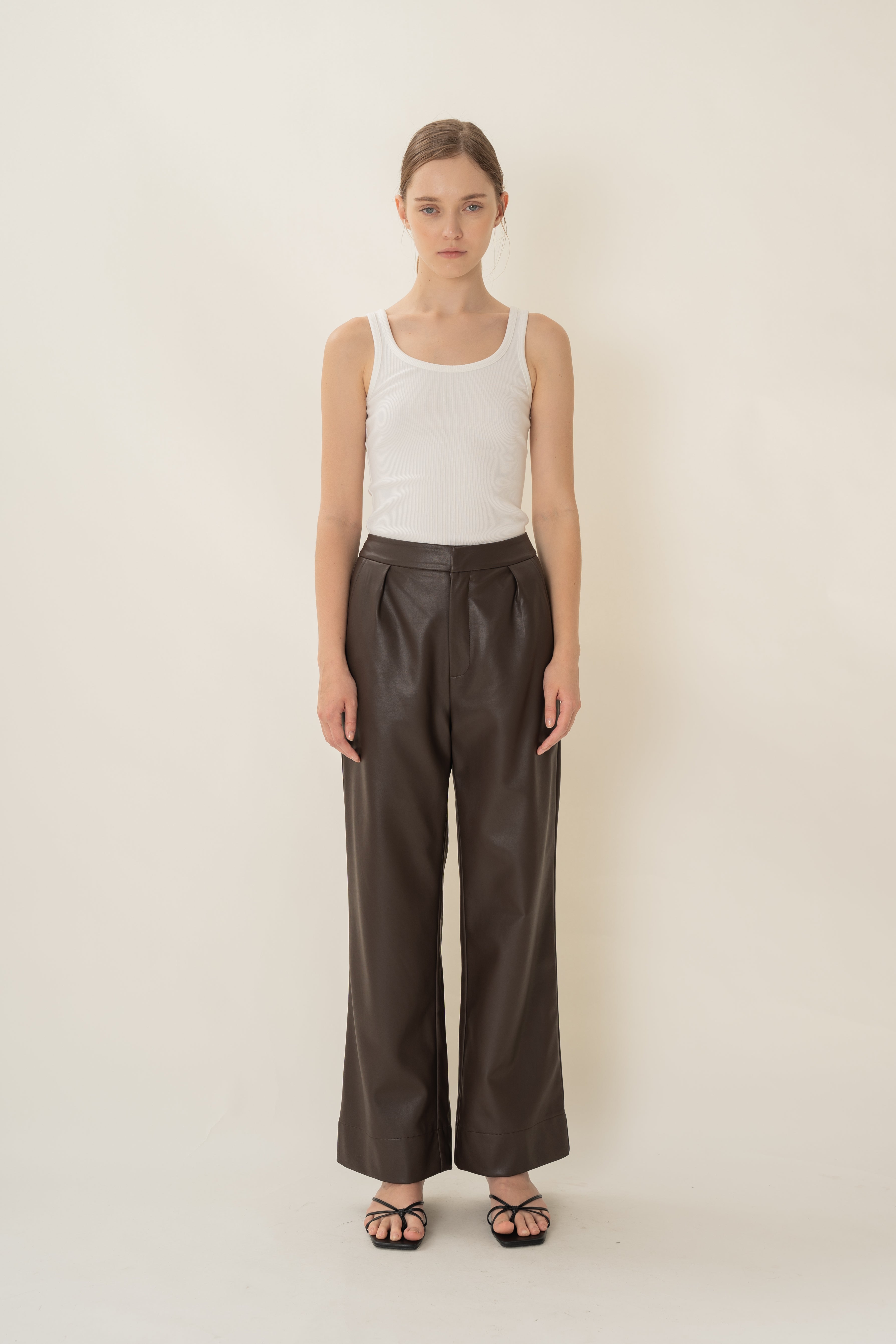 Faux Leather Pleated Trousers in Umber