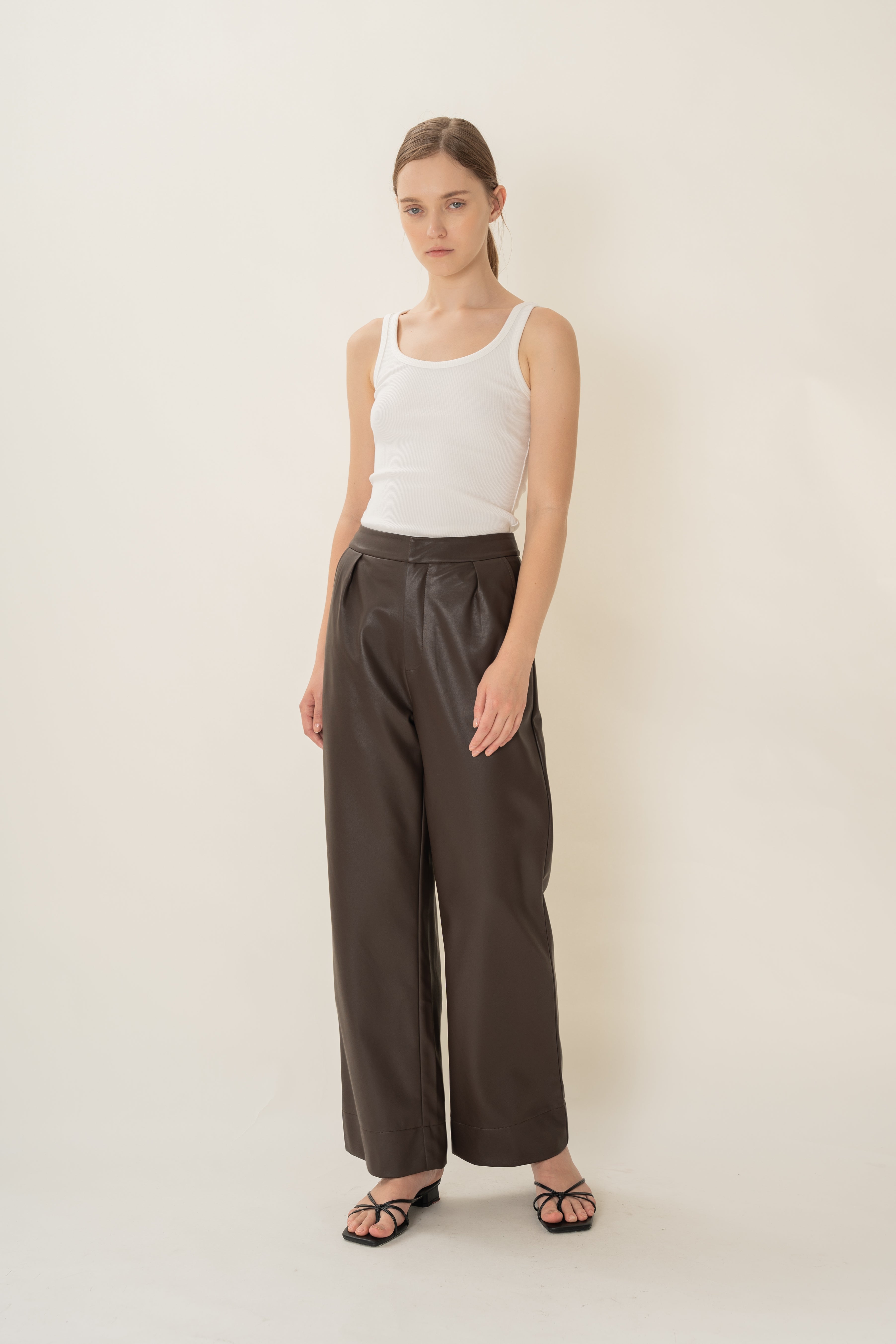 Faux Leather Pleated Trousers in Umber