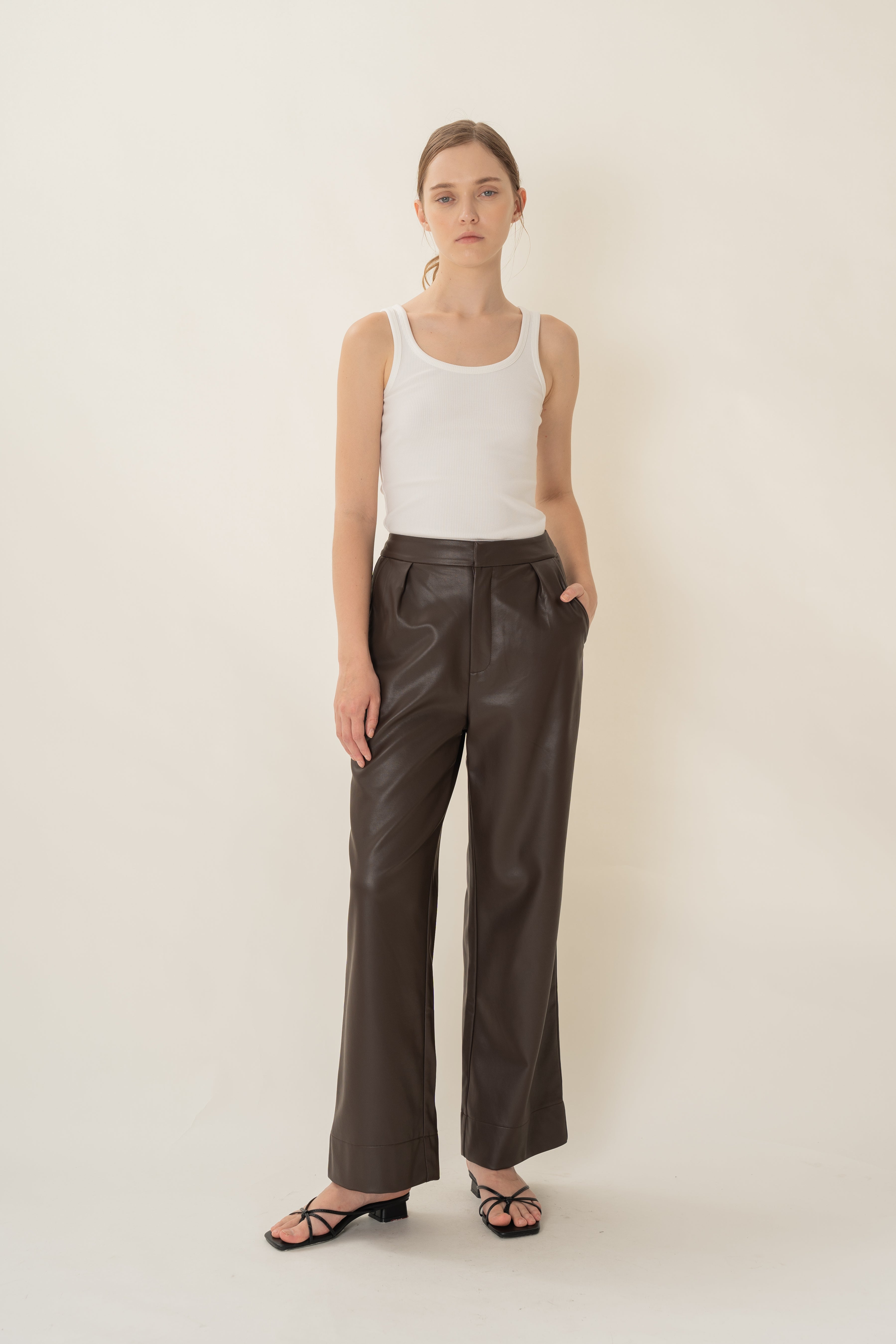 Faux Leather Pleated Trousers in Umber