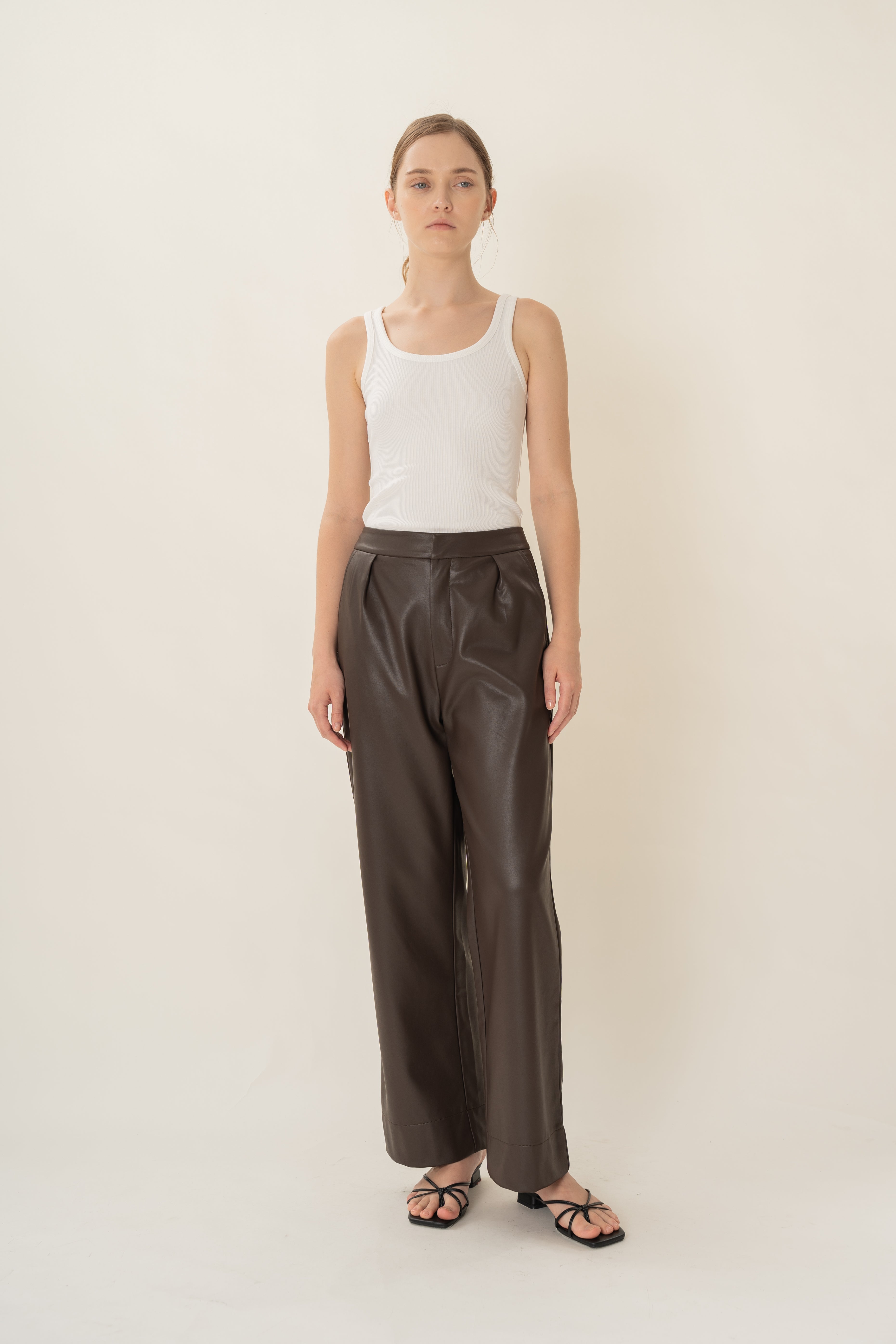 Faux Leather Pleated Trousers in Umber