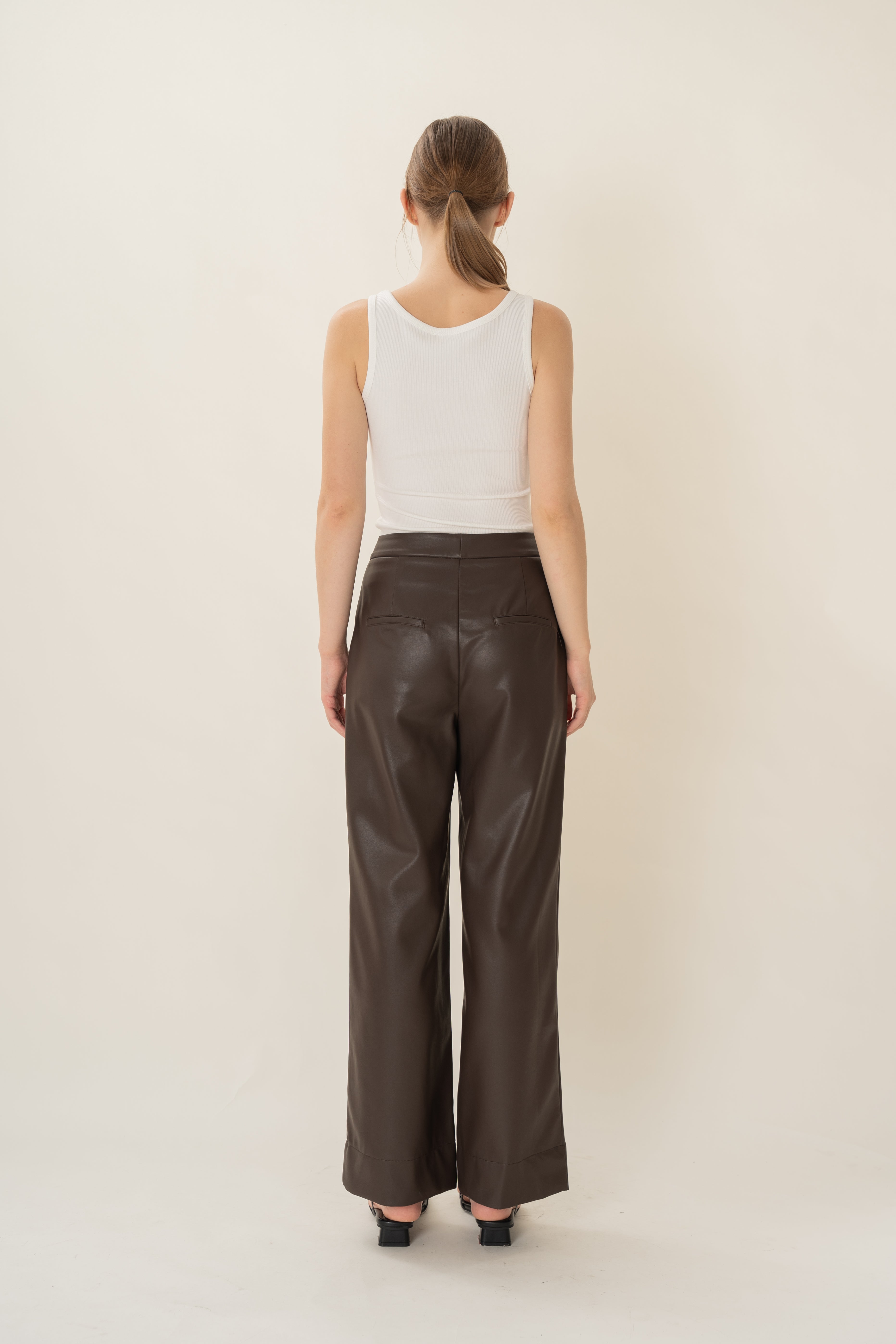 Faux Leather Pleated Trousers in Umber