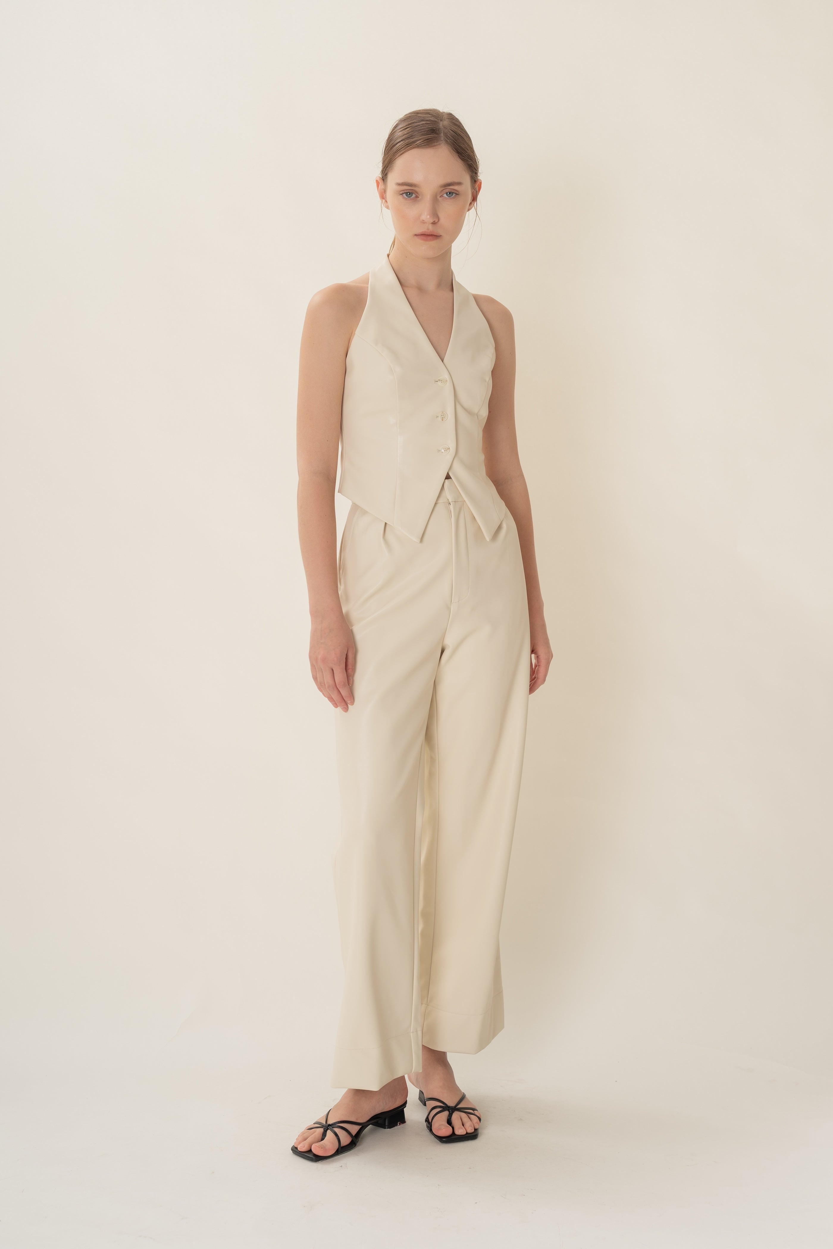 Faux Leather Padded Halter Waistcoat in Ivory