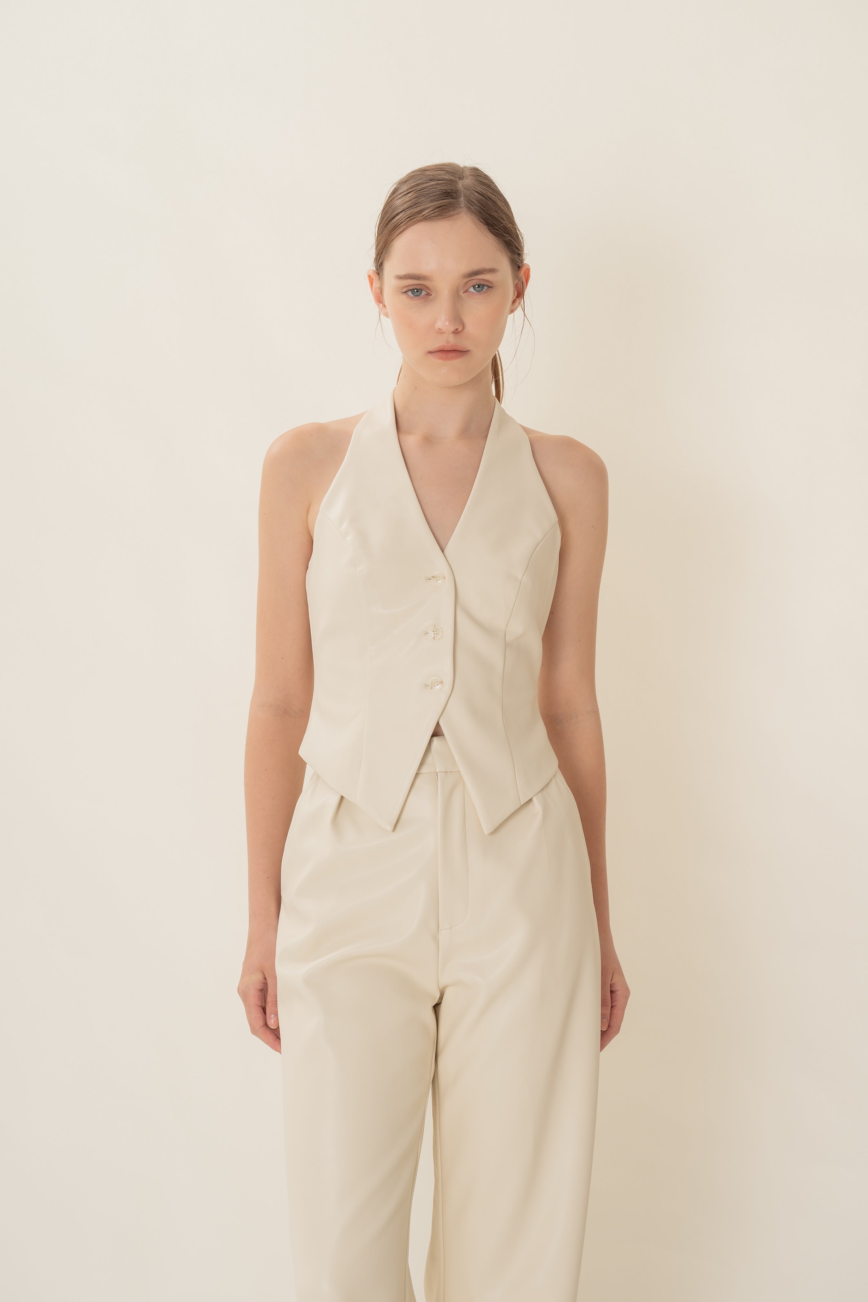 Faux Leather Padded Halter Waistcoat in Ivory