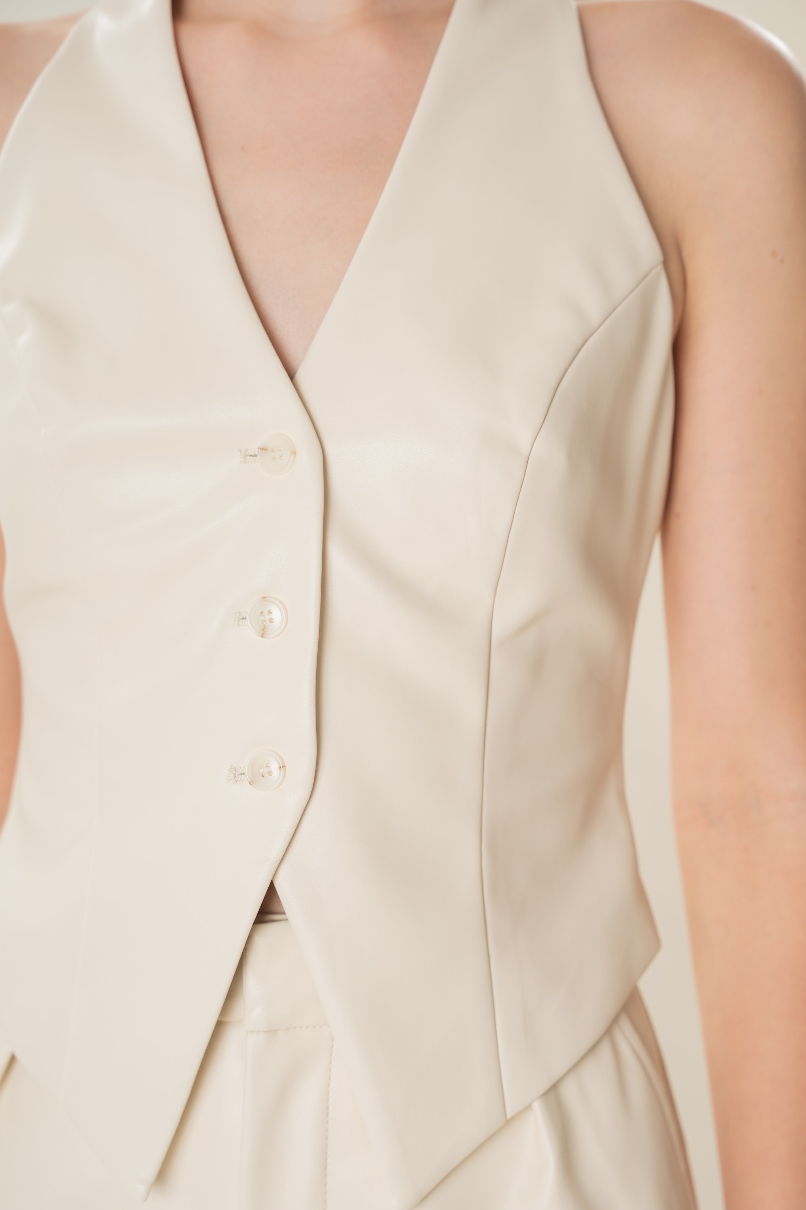 Faux Leather Padded Halter Waistcoat in Ivory