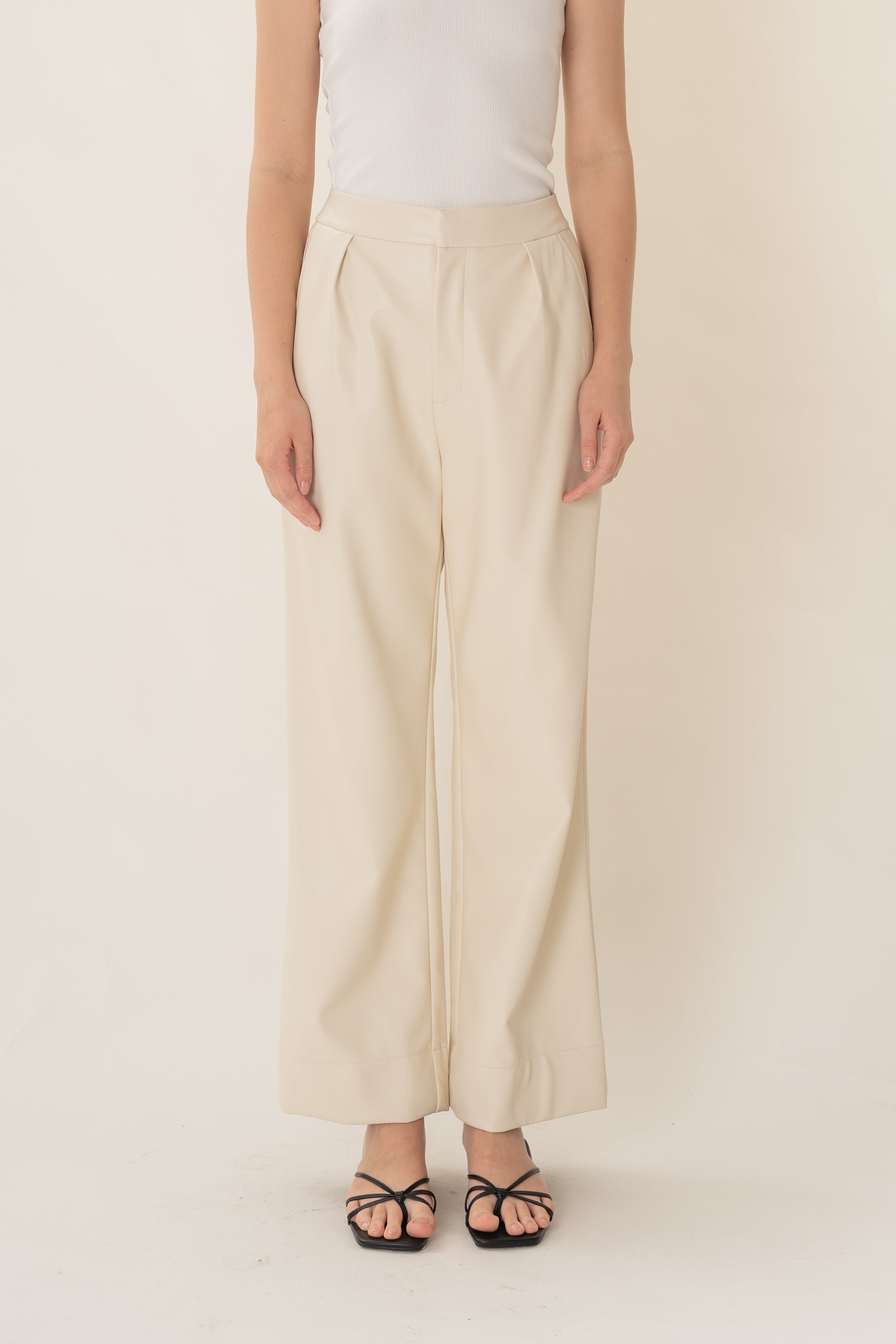Faux Leather Pleated Trousers in Ivory
