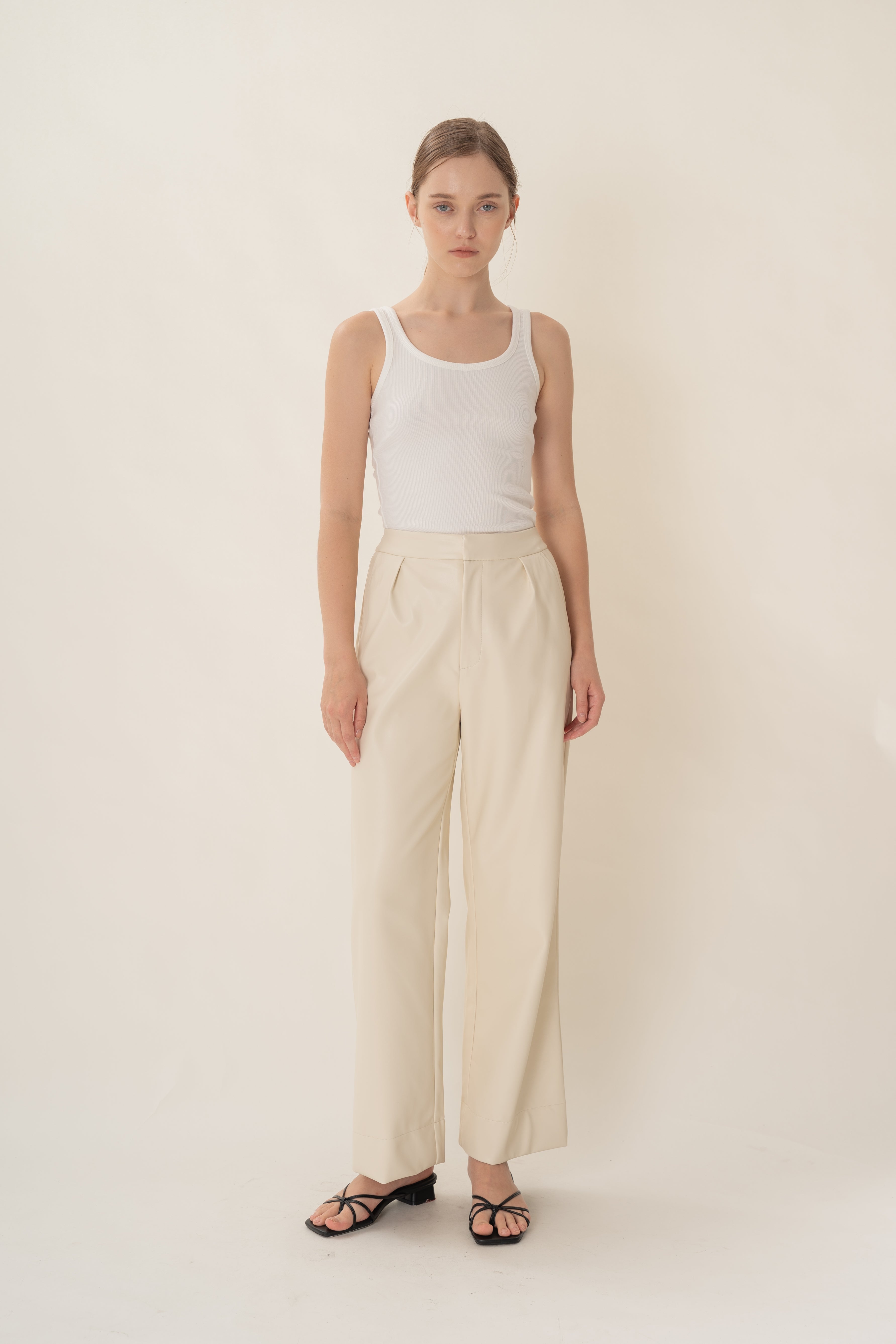 Faux Leather Pleated Trousers in Ivory