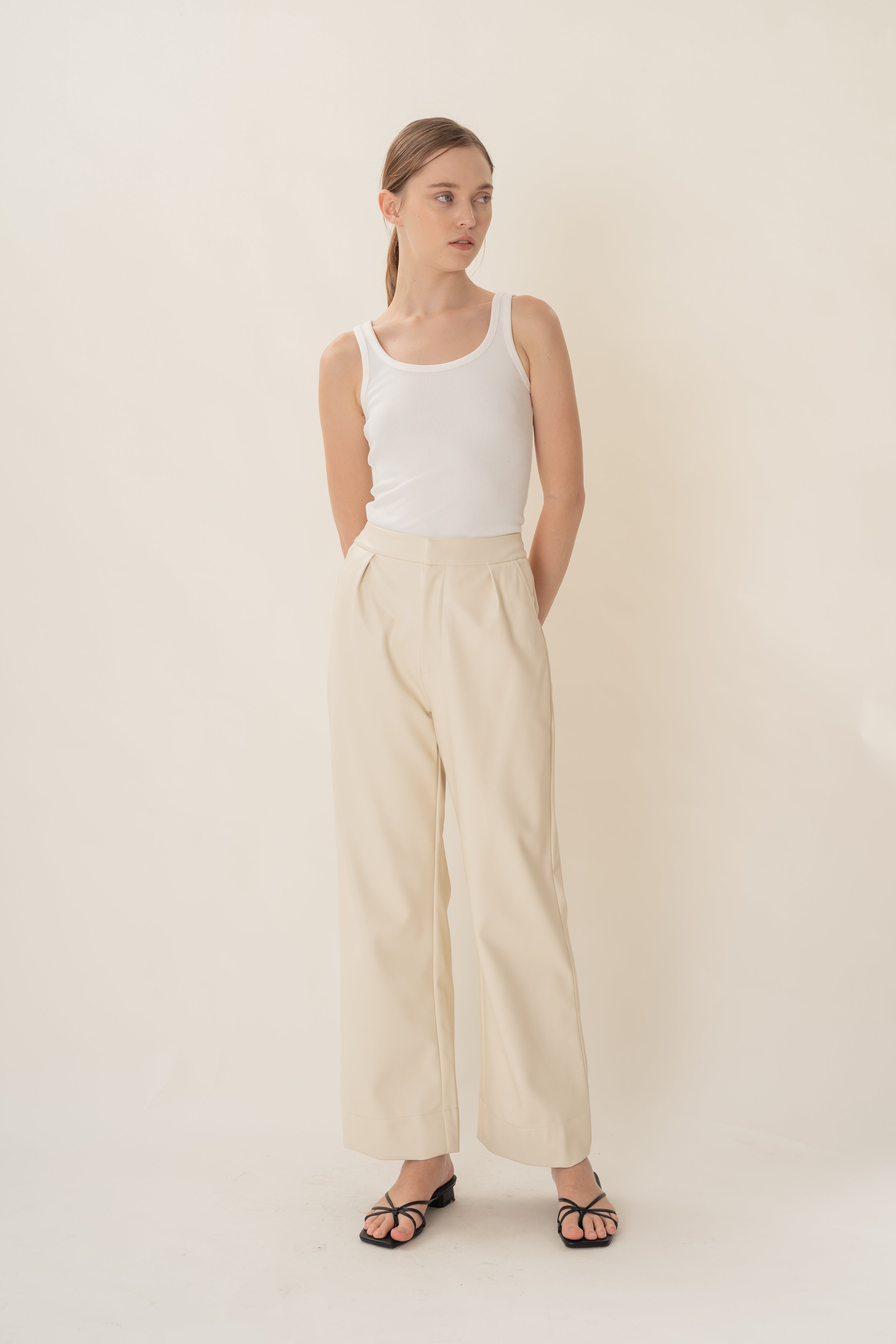 Faux Leather Pleated Trousers in Ivory