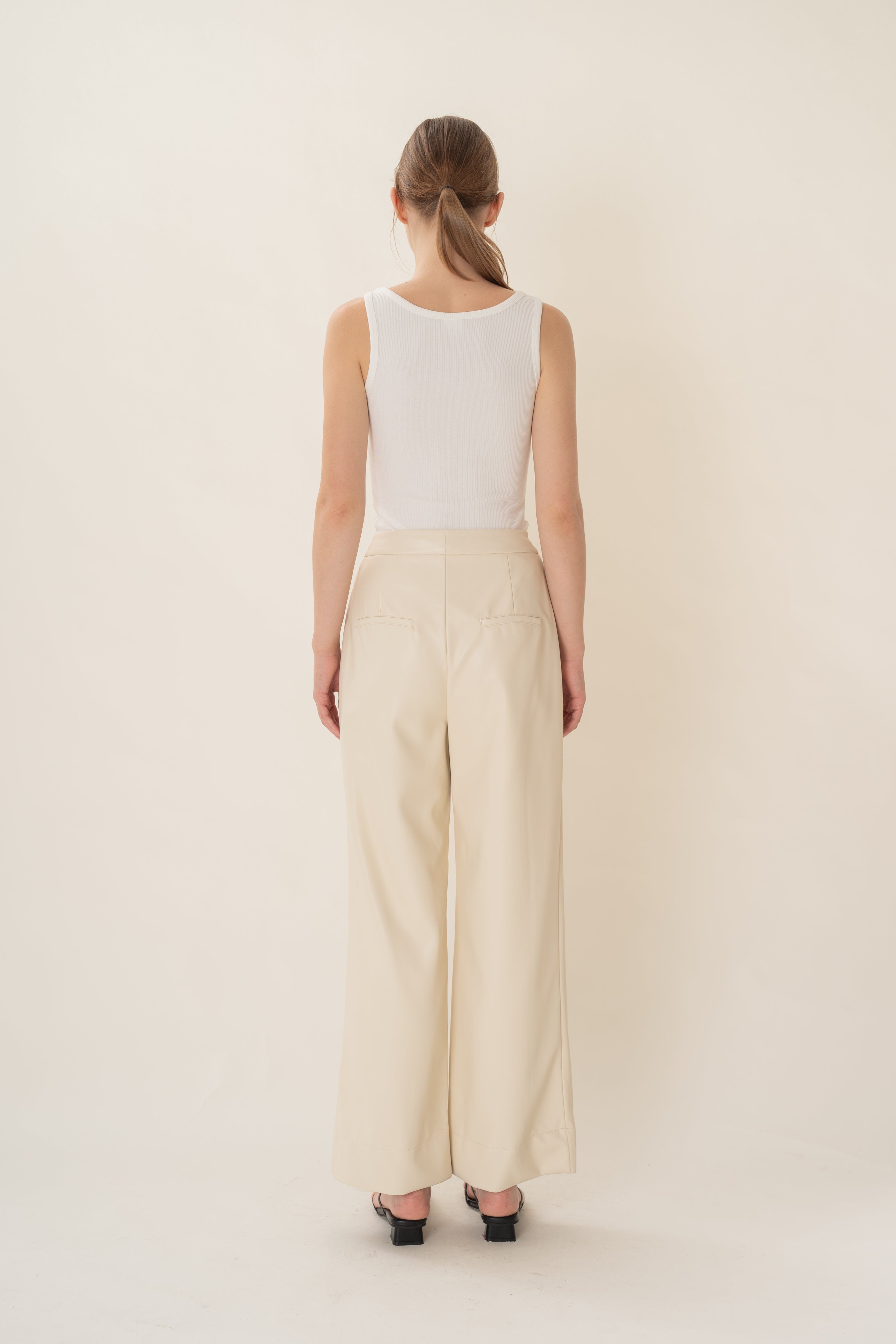 Faux Leather Pleated Trousers in Ivory