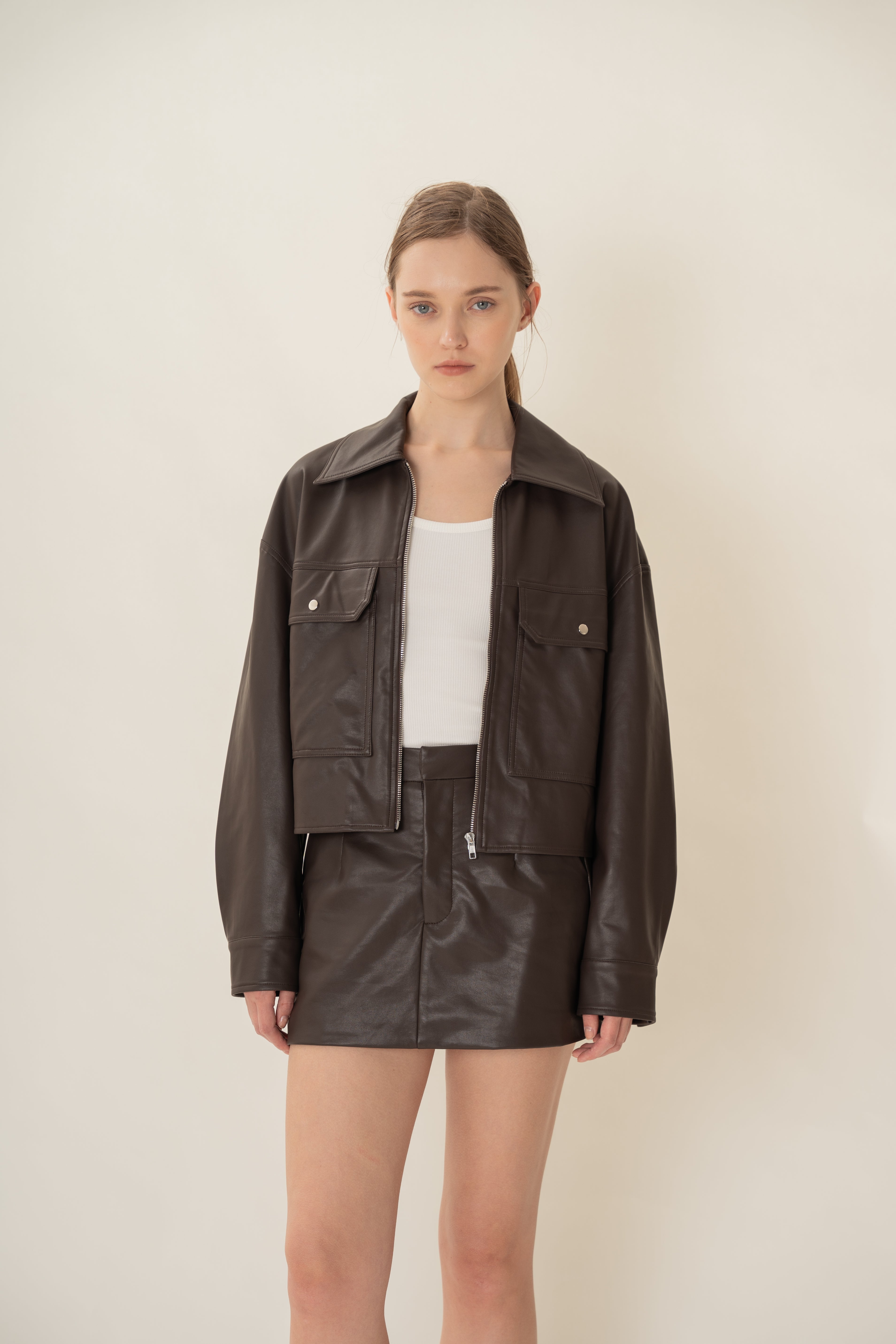 Faux Leather Jacket in Umber